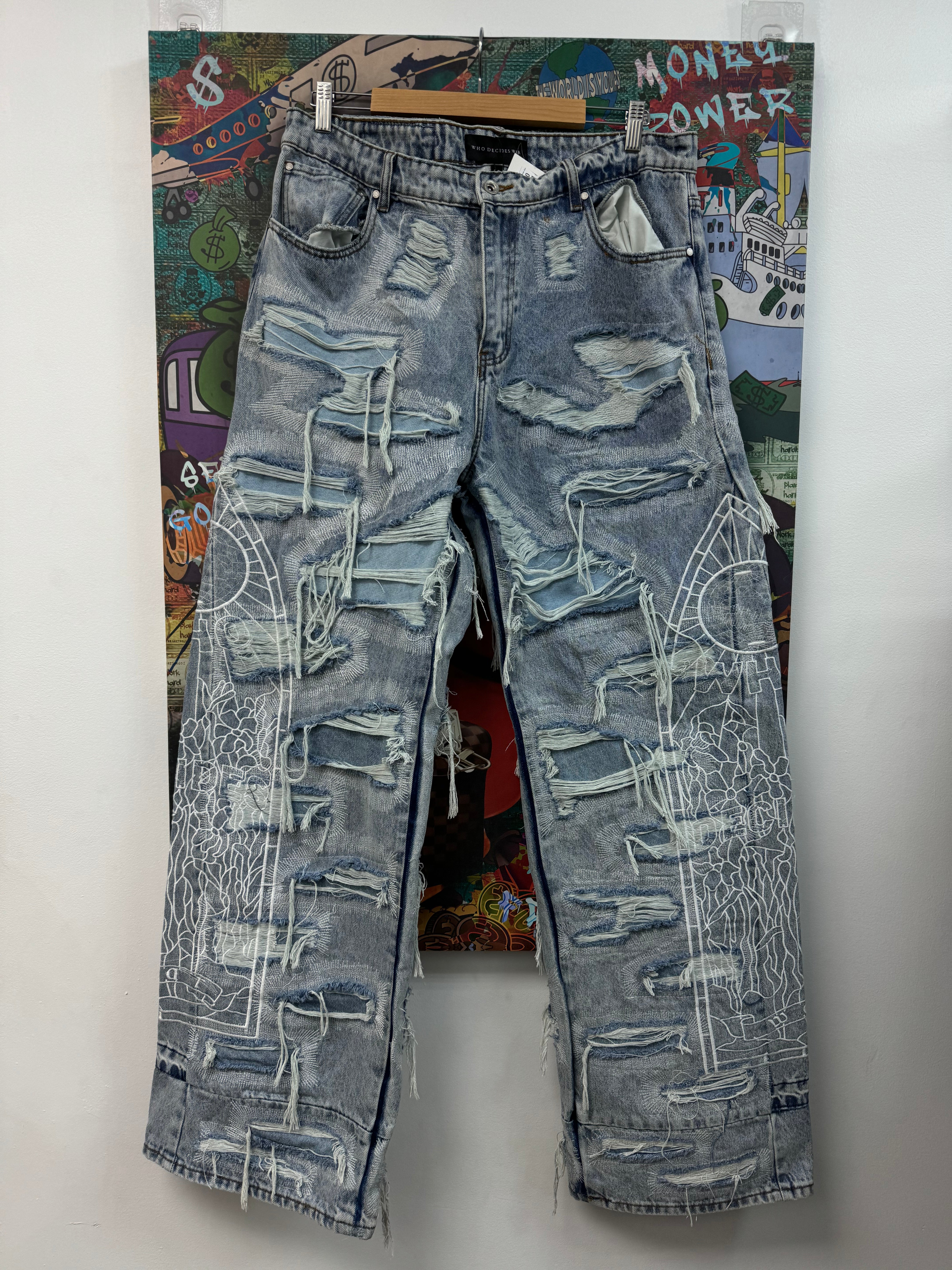 Who Decides War Light Wash Cowboy Distressed Denim Jeans