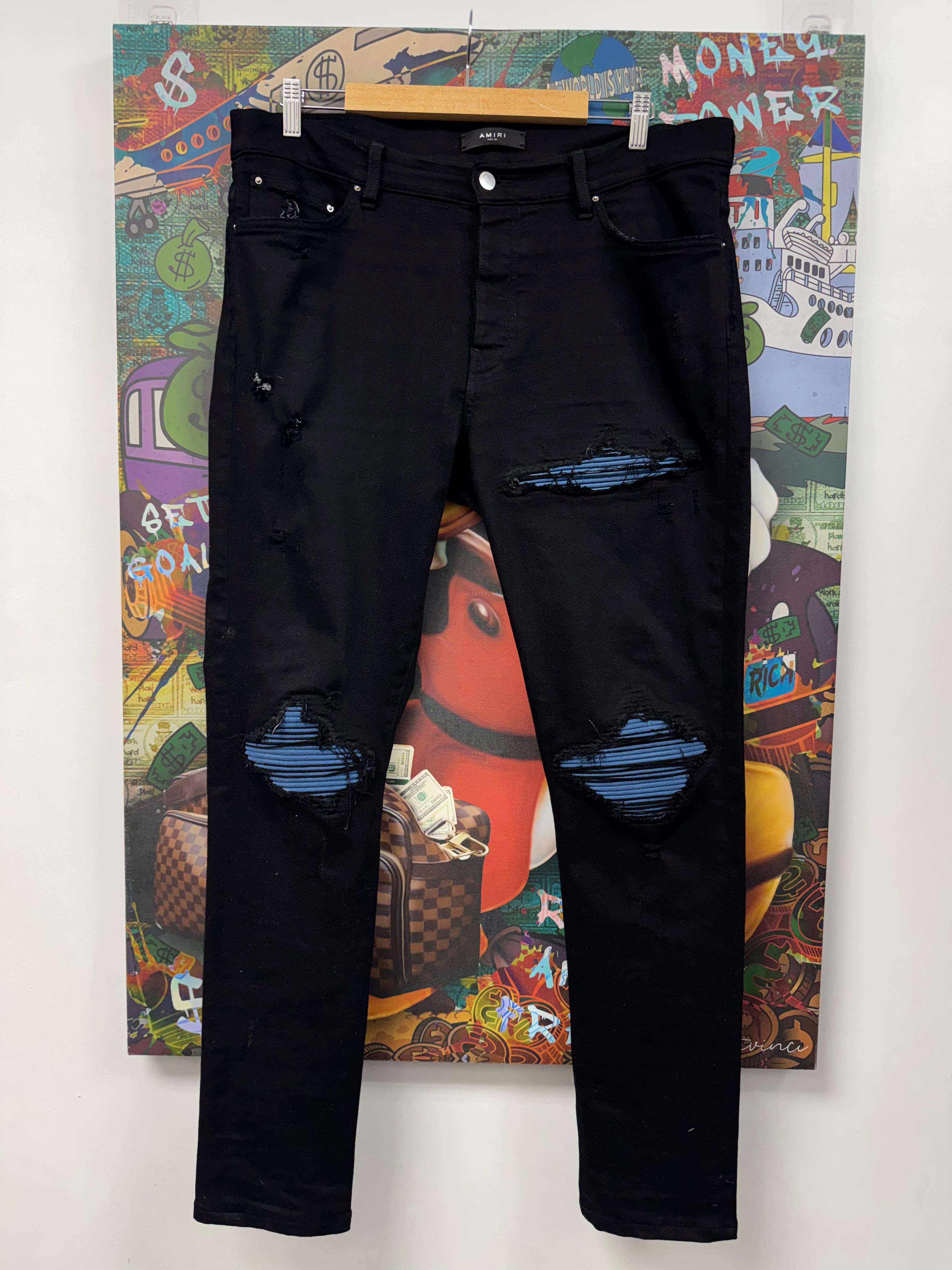 Amiri MX1 Black Powder Blue Ultrasede Patch Jeans
