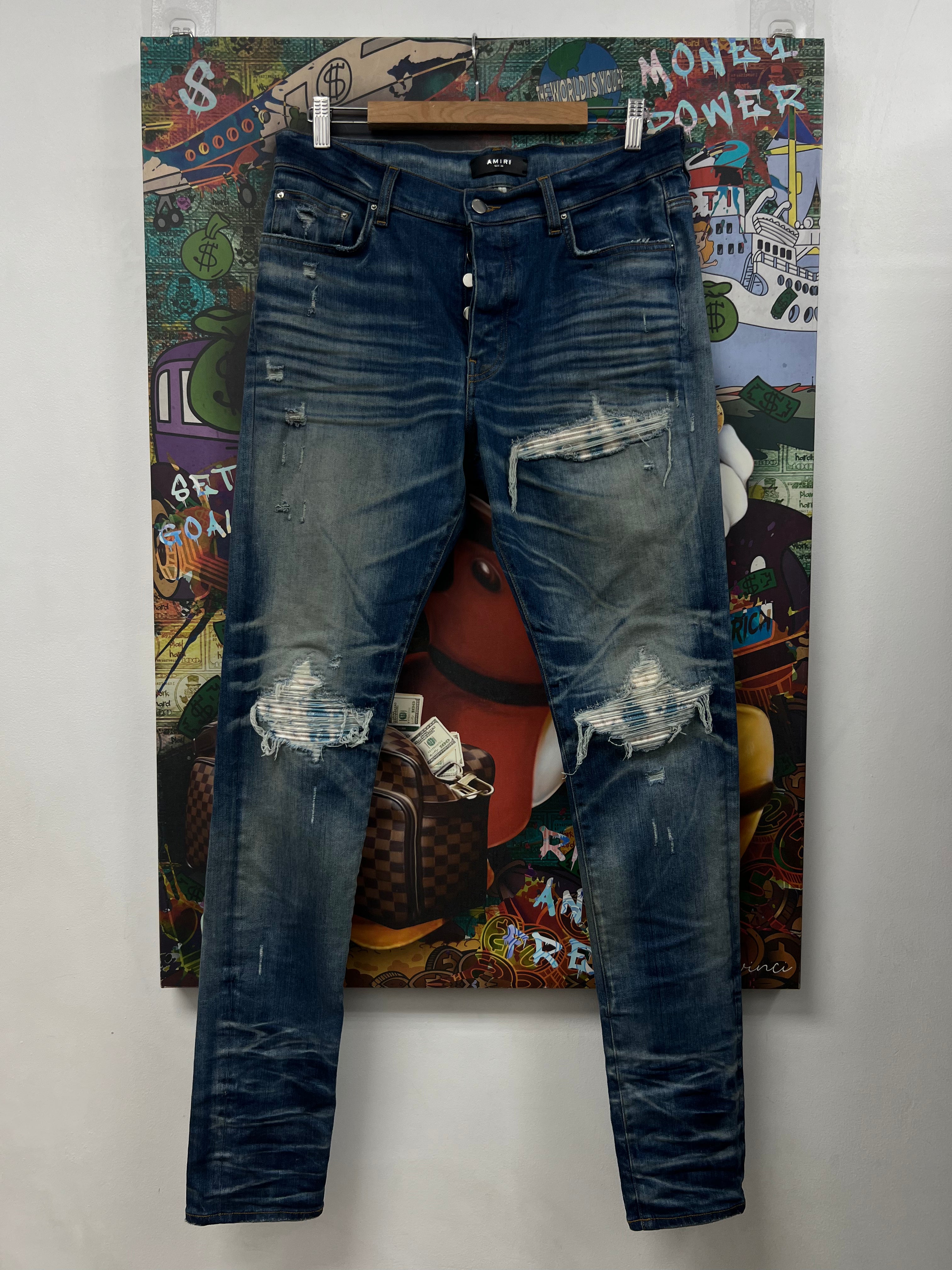 Amiri MX1 Honeycomb White Blue Patch Jeans