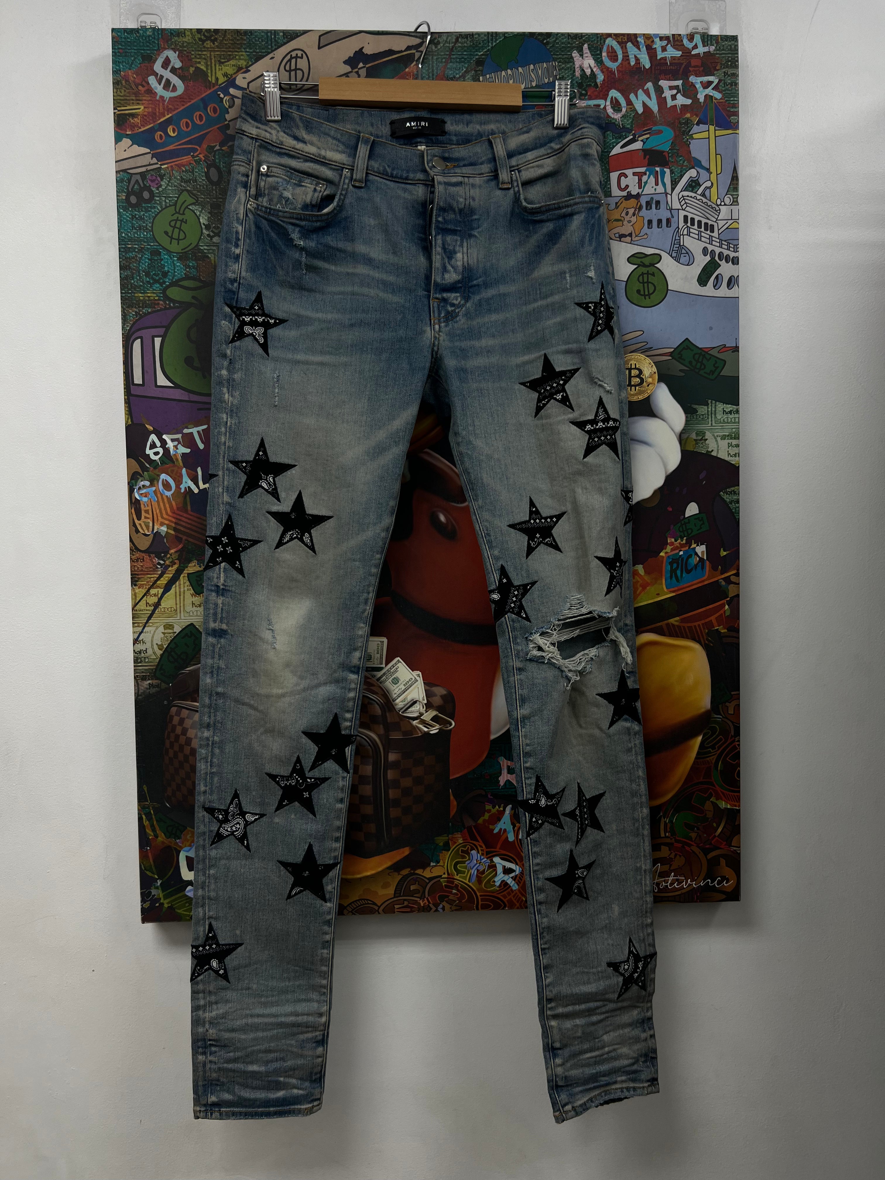 Amiri Light Wash Black Bandana Star Jeans