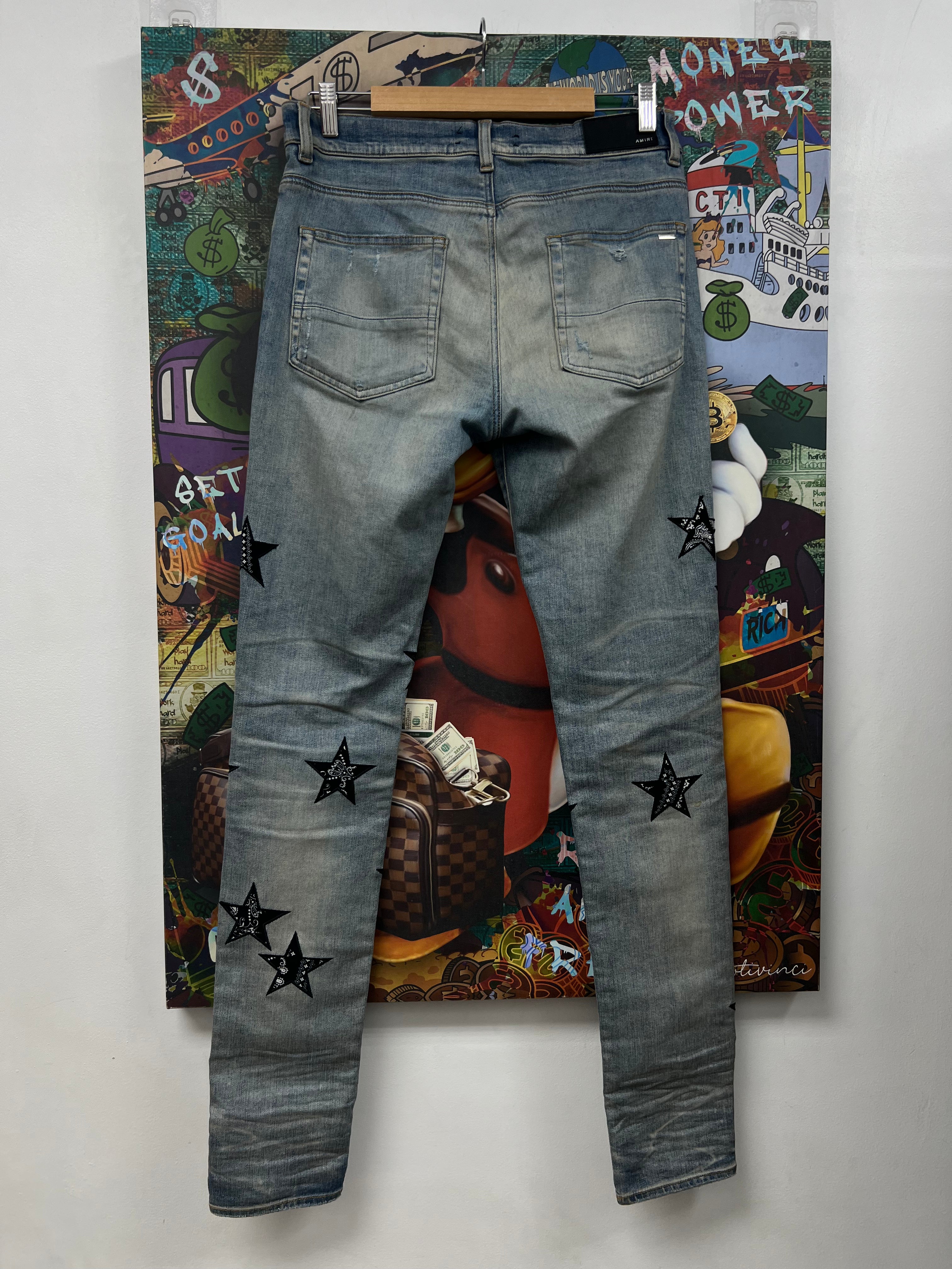 Amiri Light Wash Black Bandana Star Jeans
