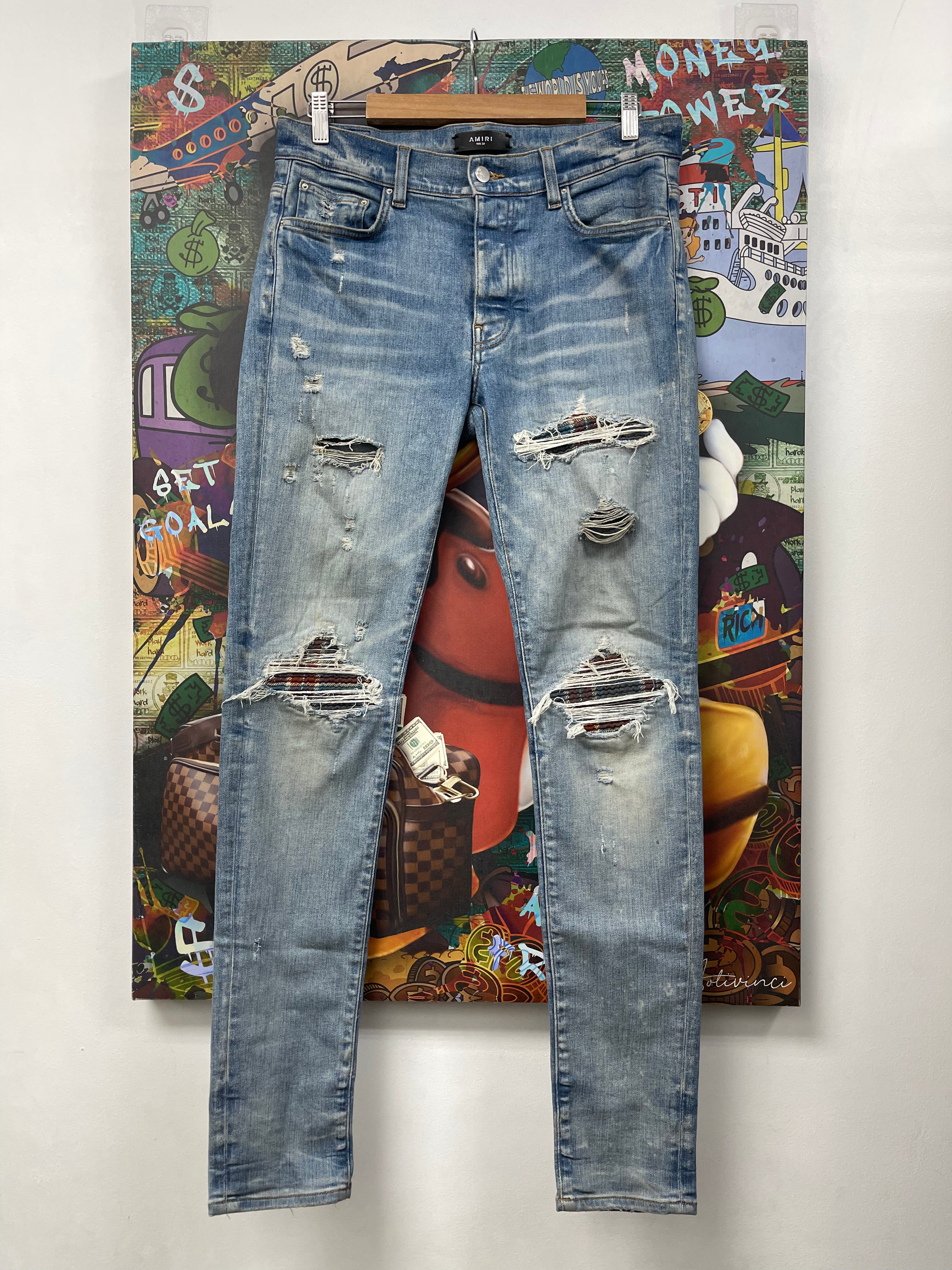 Amiri MX1 Light Wash Maroon Blue Patch Jeans