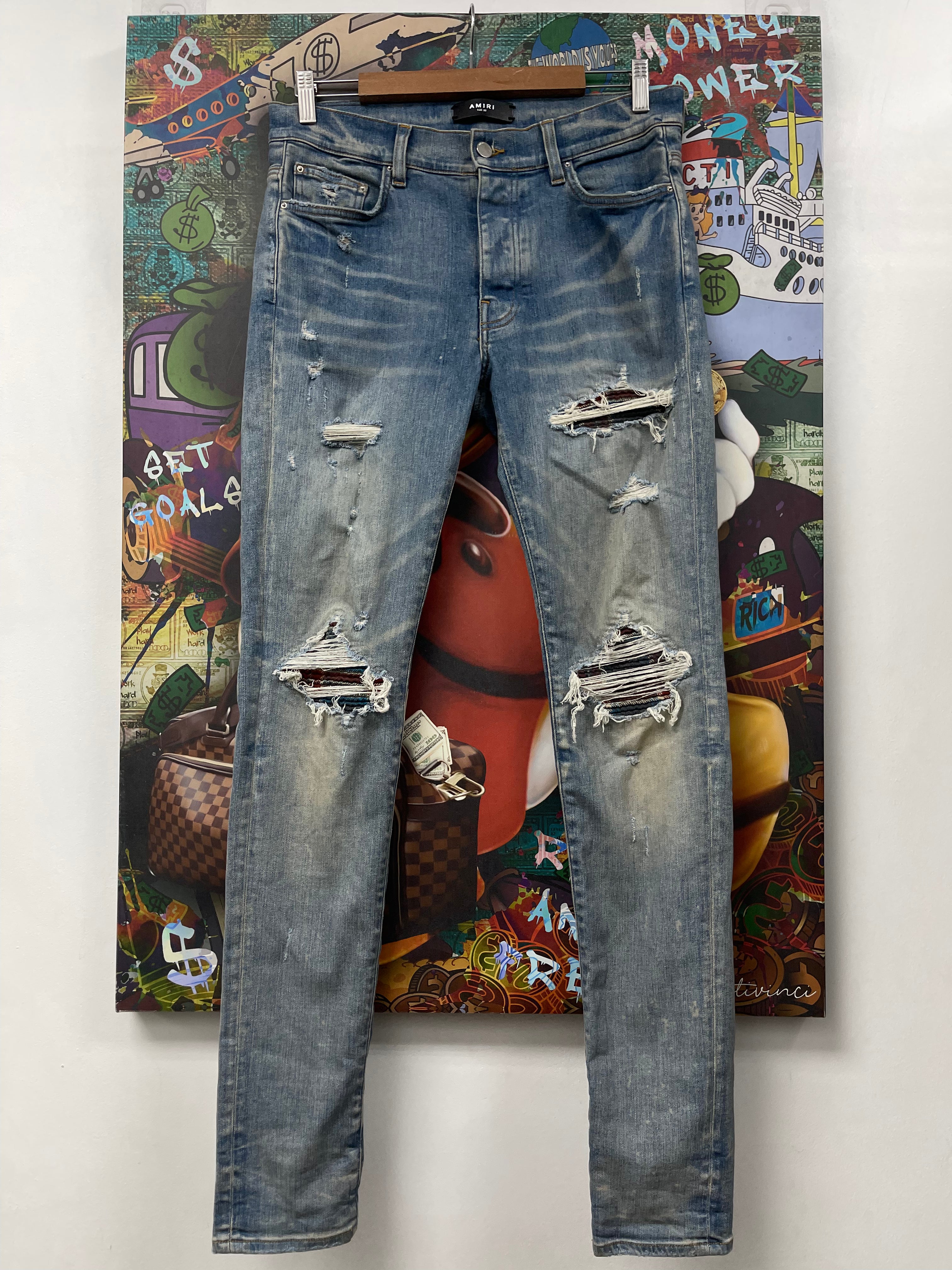 Amiri MX1 Light Wash Maroon Blue Patch Jeans