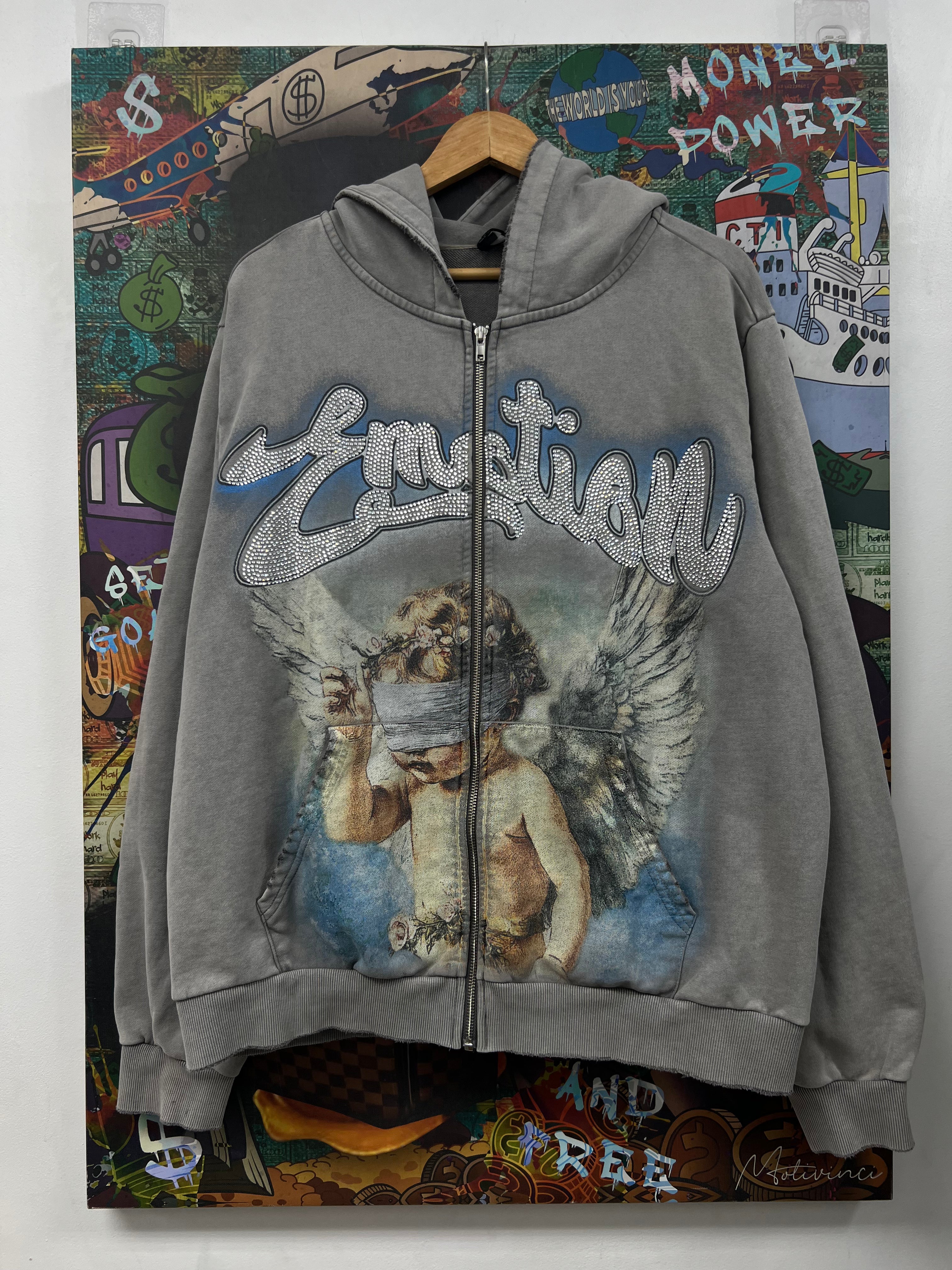 Mixed Emotions Grey Cherub Rhinestone Zip Up