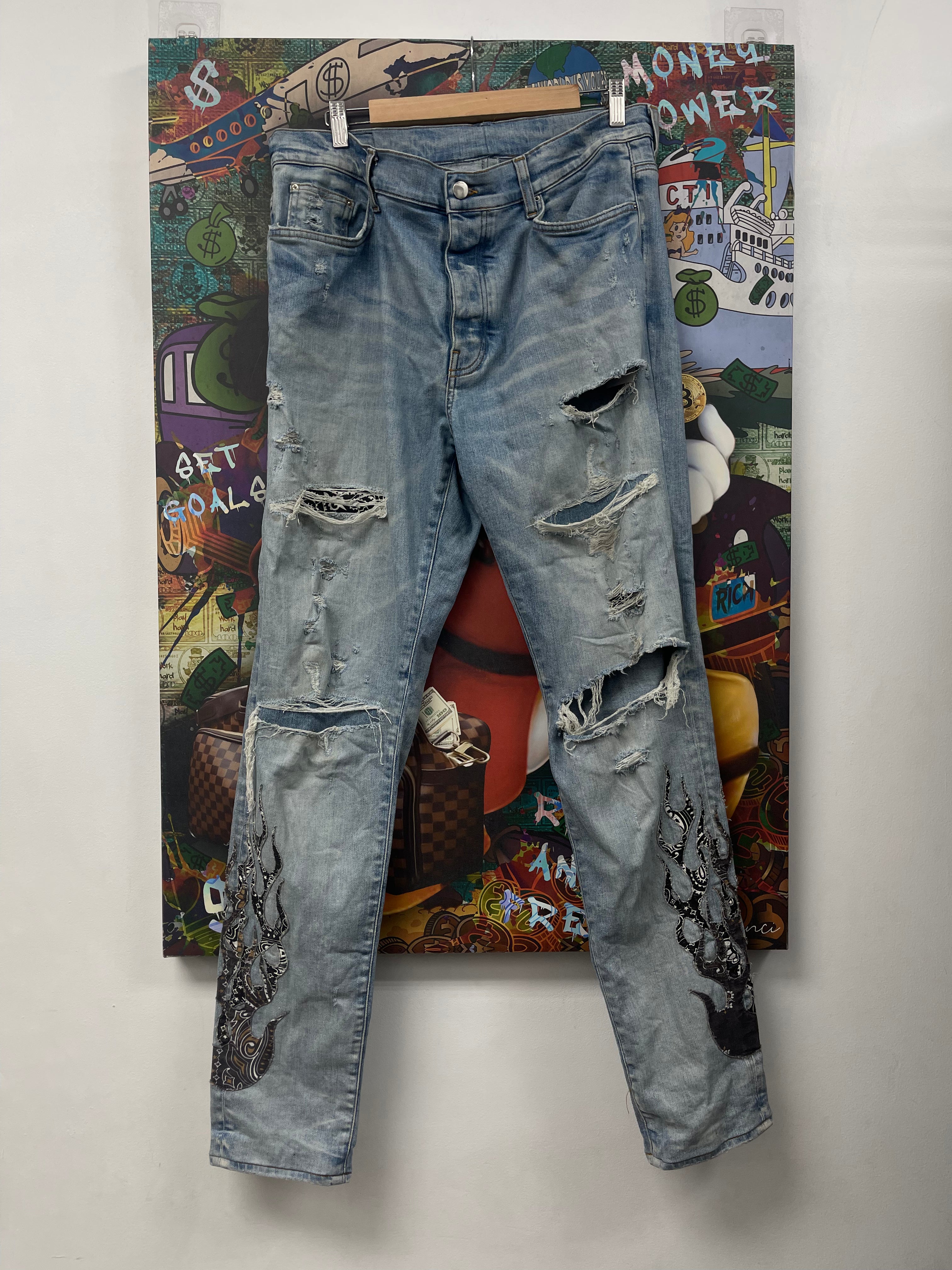 Amiri Light Wash Paisley Flames (Altered Fits 36) Jeans
