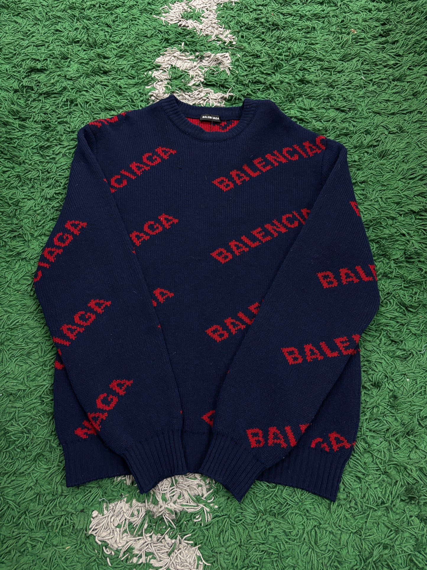 Balenciaga Navy Red All Over Knitted Crewneck  Used XS