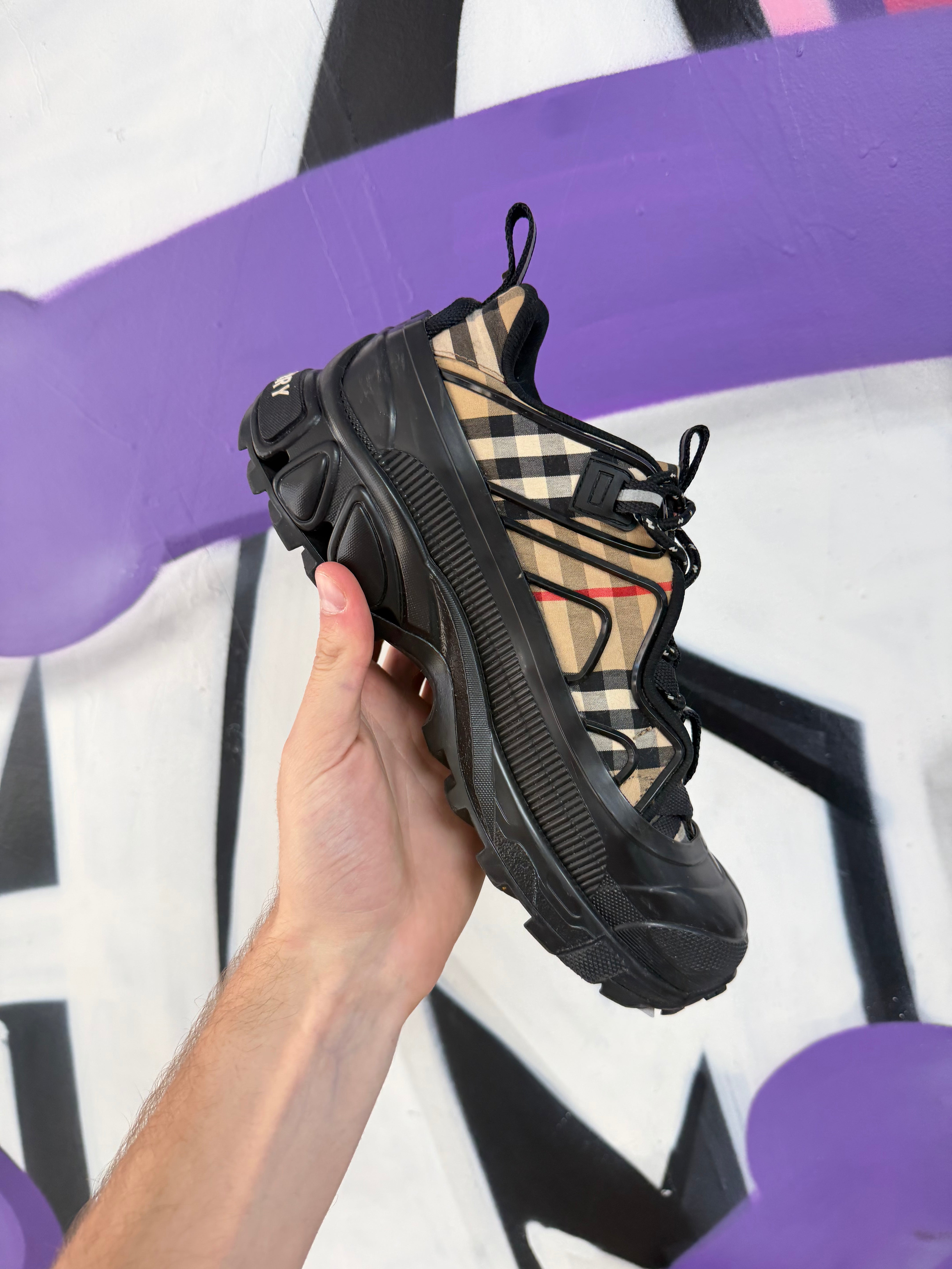 Burberry Black Plaid Monogram Trail Sneakers