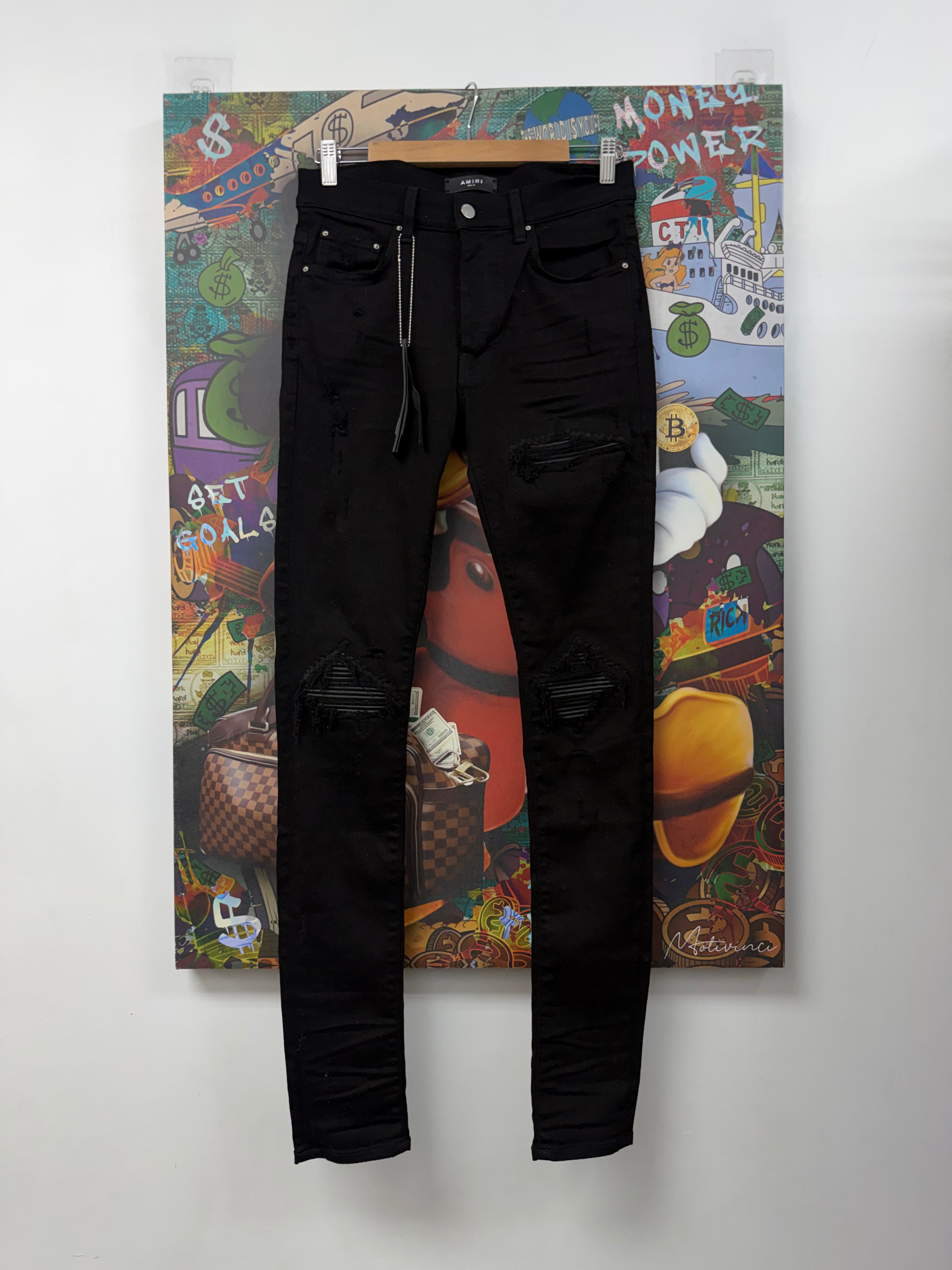 Amiri MX1 Black Black Leather Patch Jeans