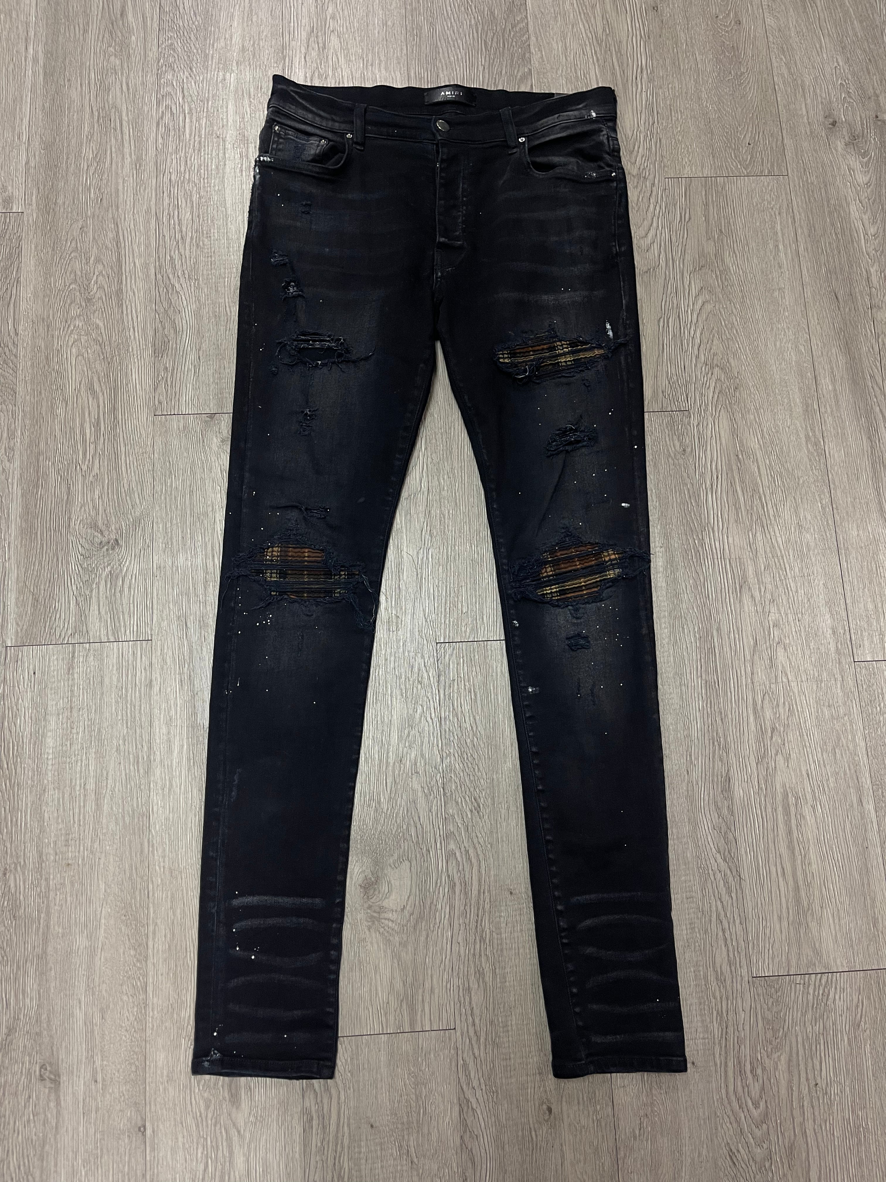 Amiri MX1 Black Wash Brown Plaid Patch Jeans