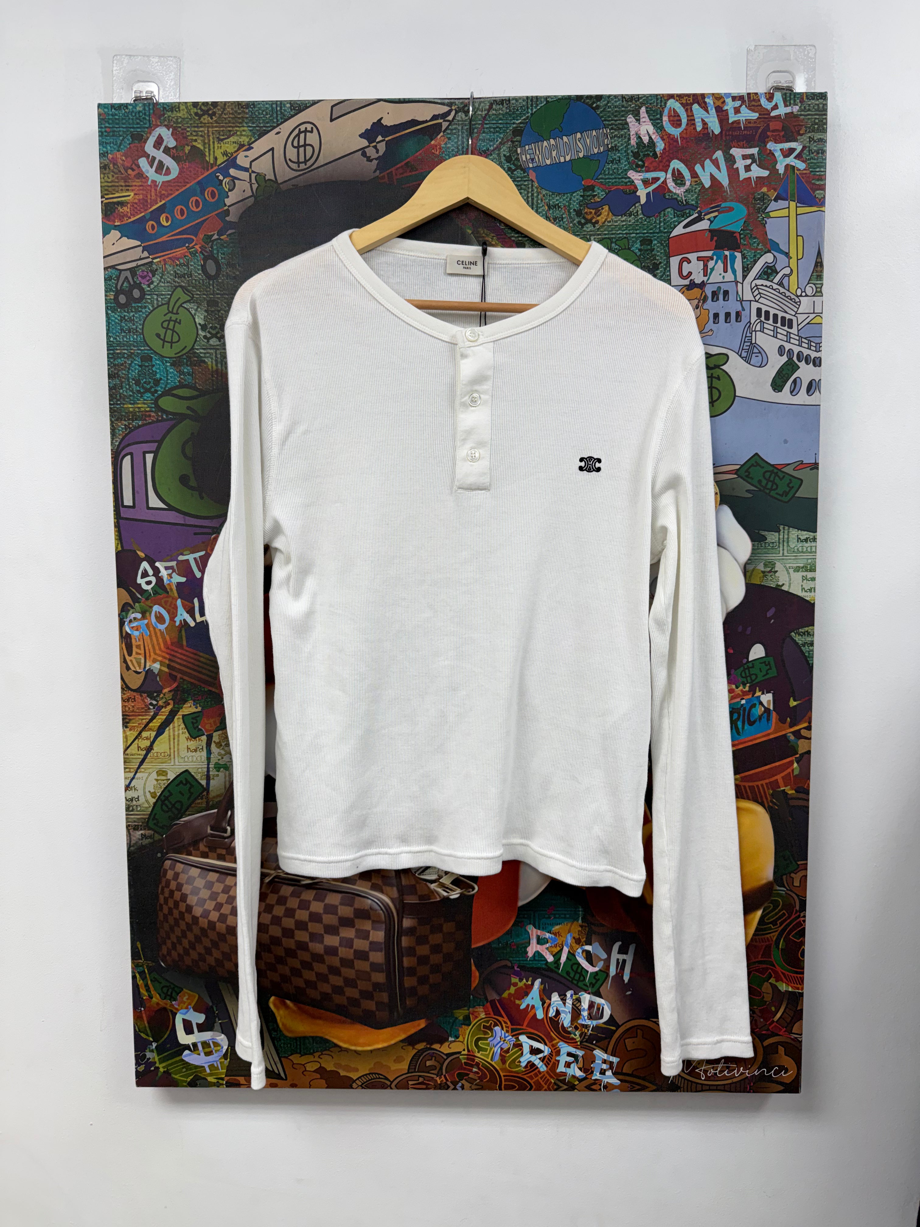 Celine White Black CC Logo Henley Thermal