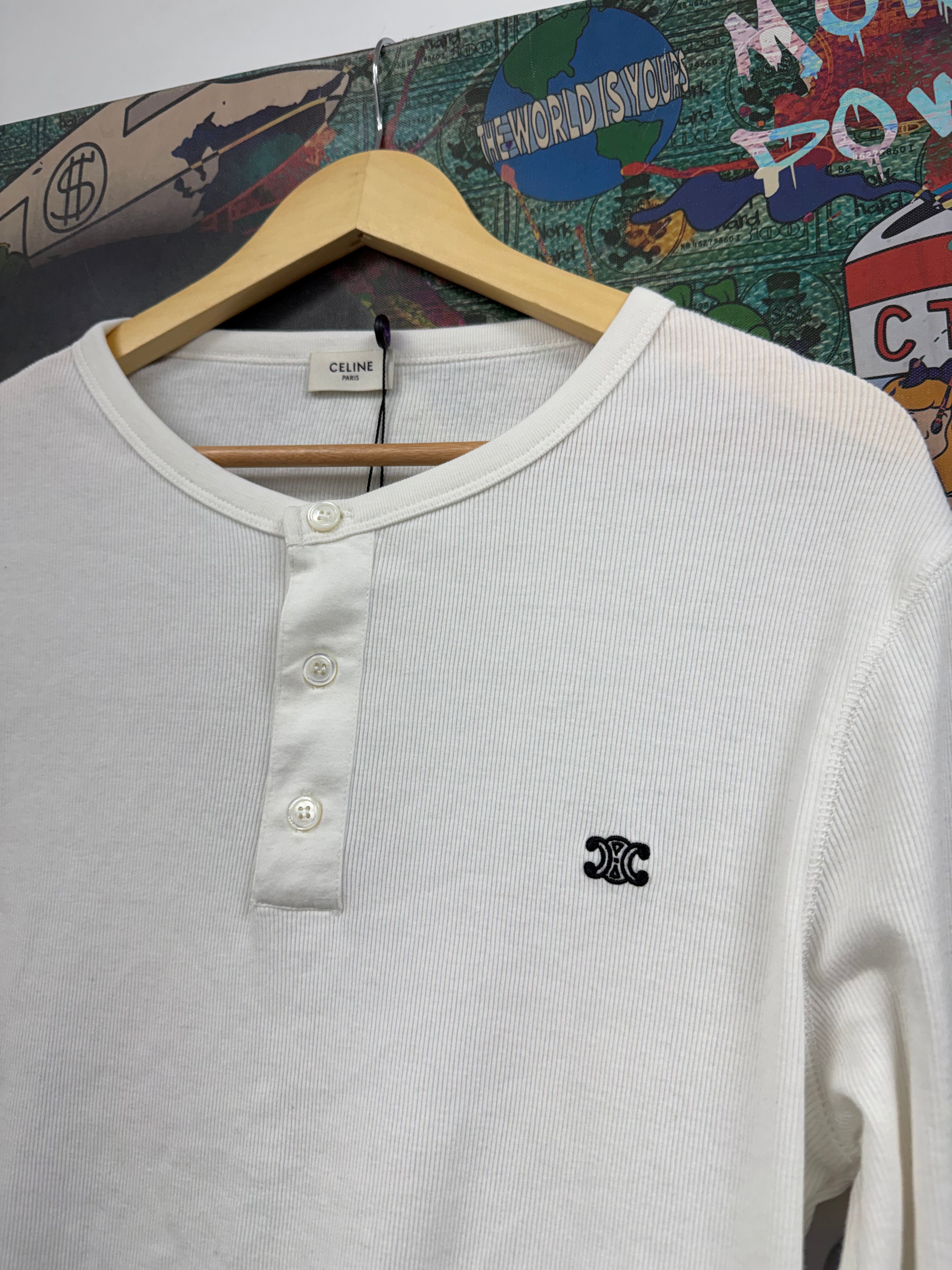 Celine White Black CC Logo Henley Thermal