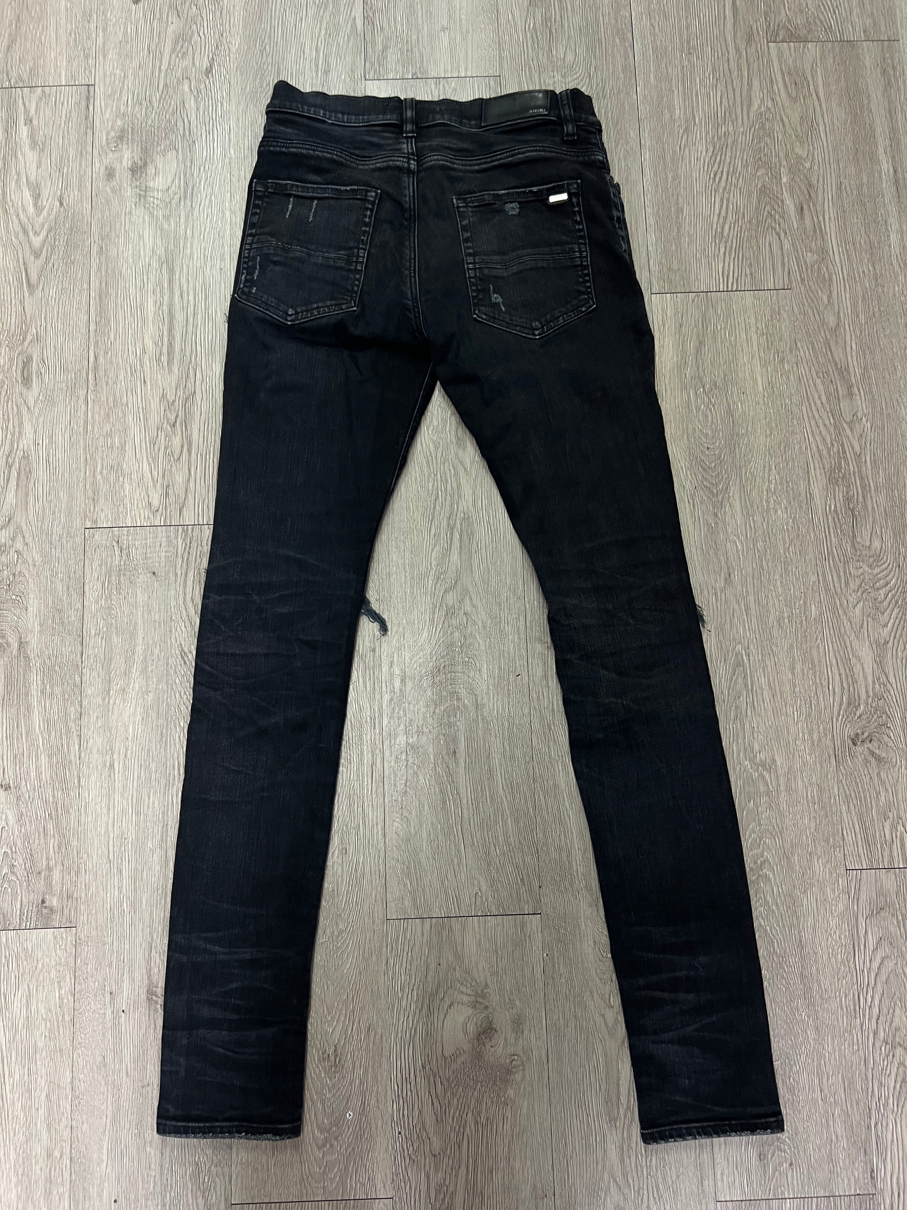 Amiri MX1 Black Wash Baby Blue Plaid Patch Jeans