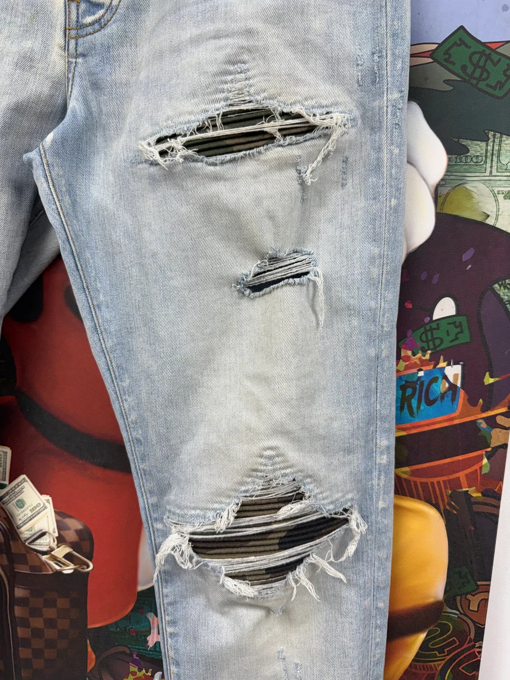 Amiri MX1 Camo Patch Light Wash Jeans