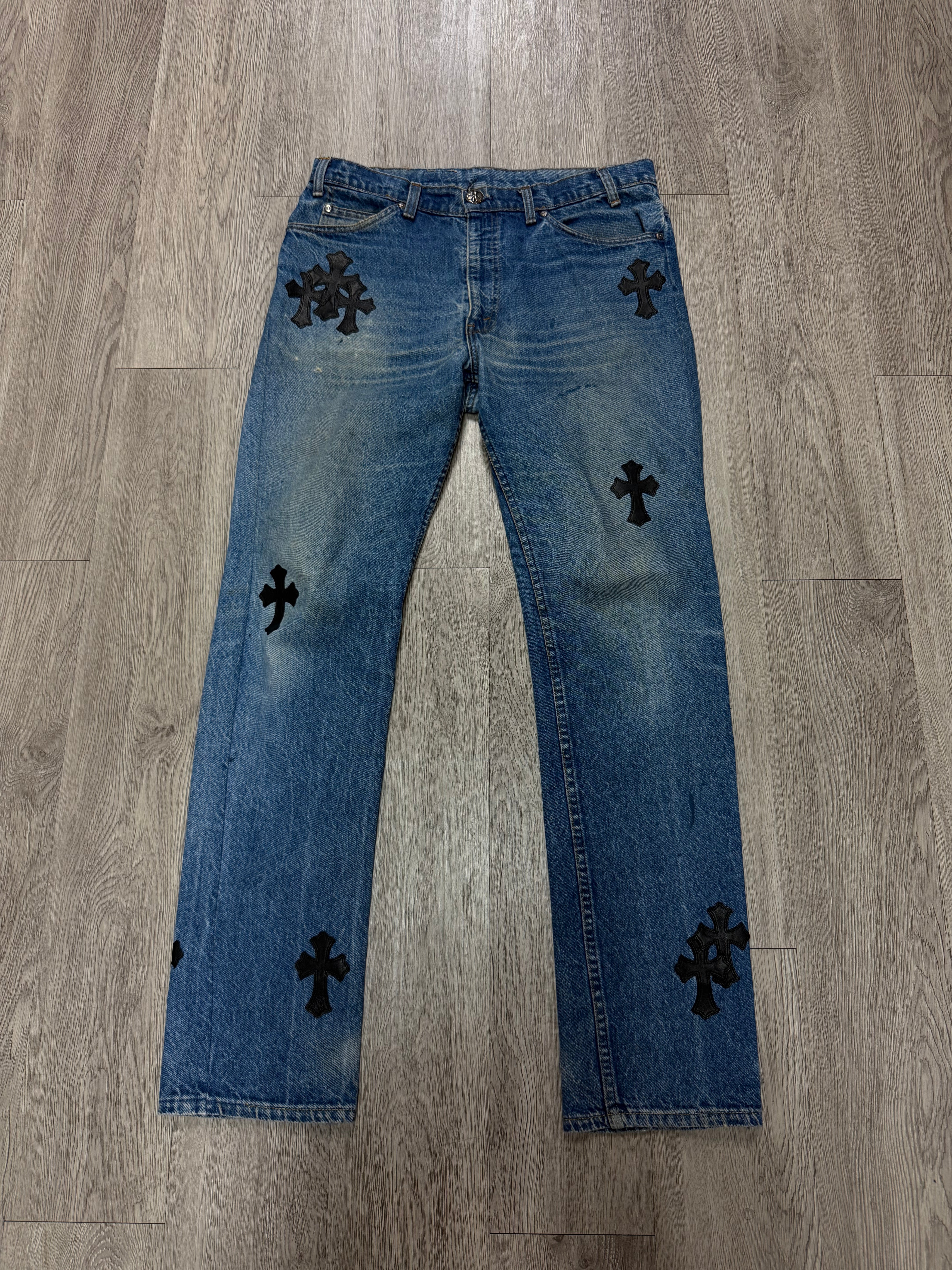 Chrome Hearts Light Wash 517 Black Patch Jeans