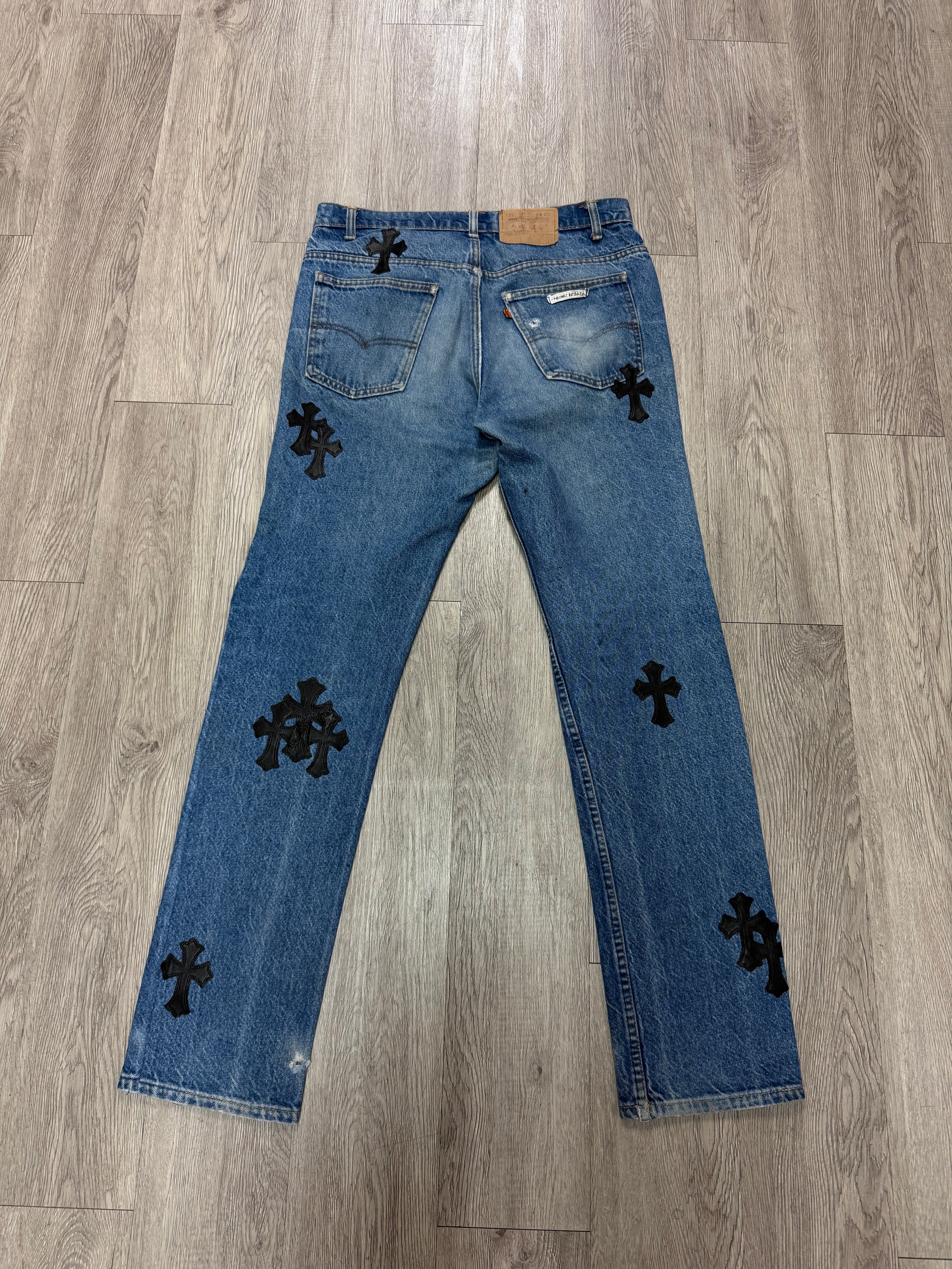 Chrome Hearts Light Wash 517 Black Patch Jeans