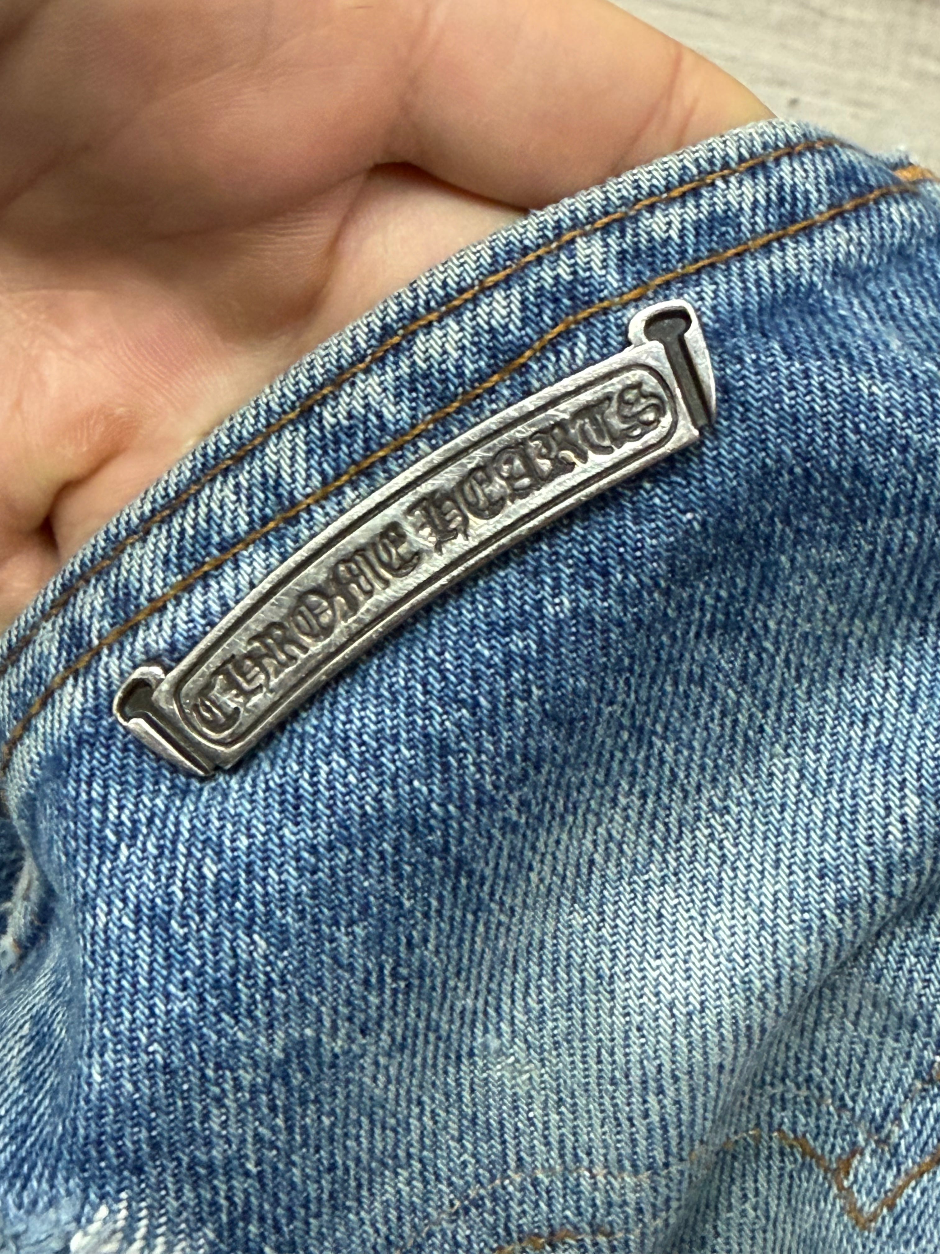 Chrome Hearts Light Wash 517 Black Patch Jeans