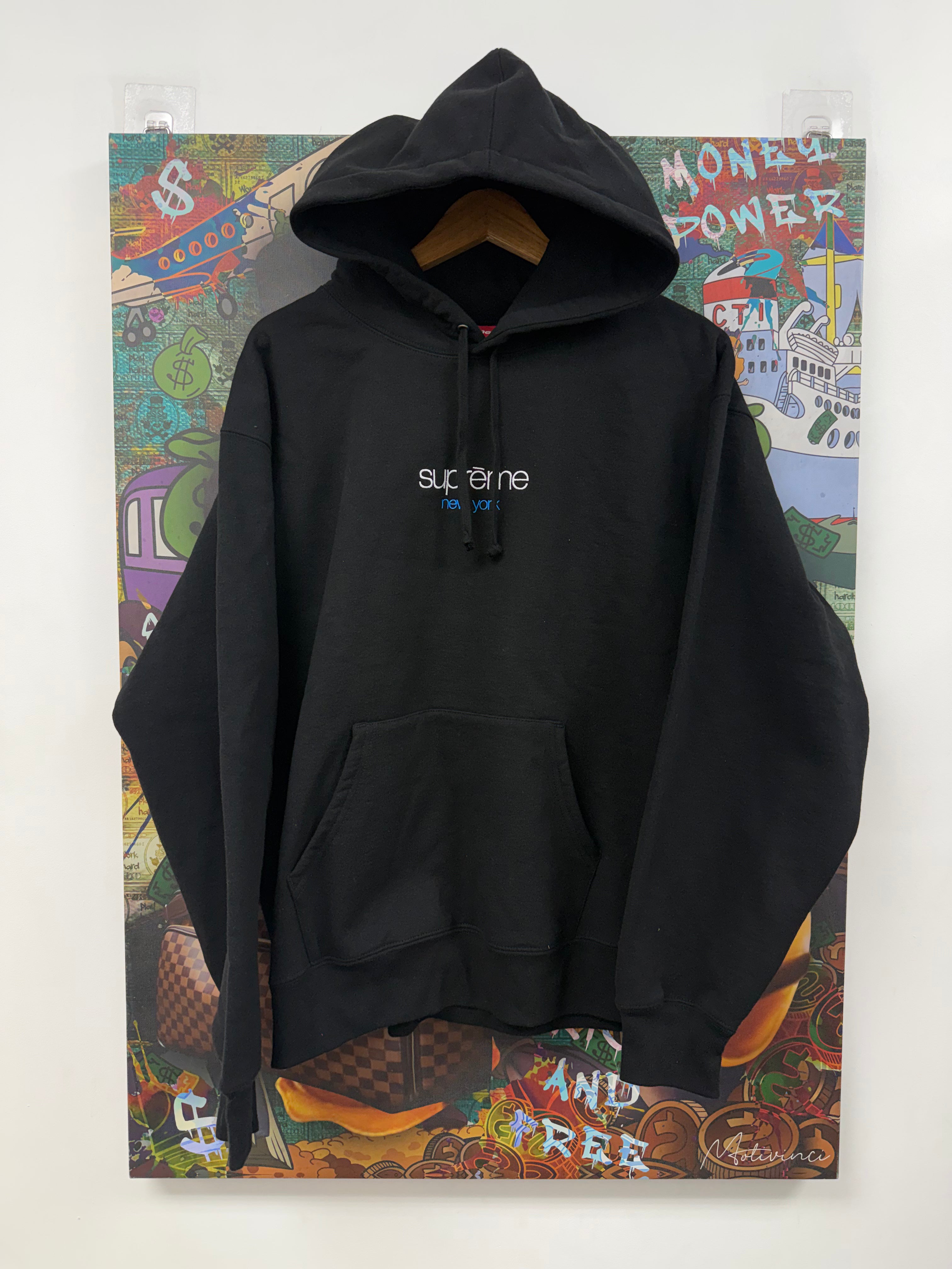 Supreme Black White Blue Classic Logo Hoodie