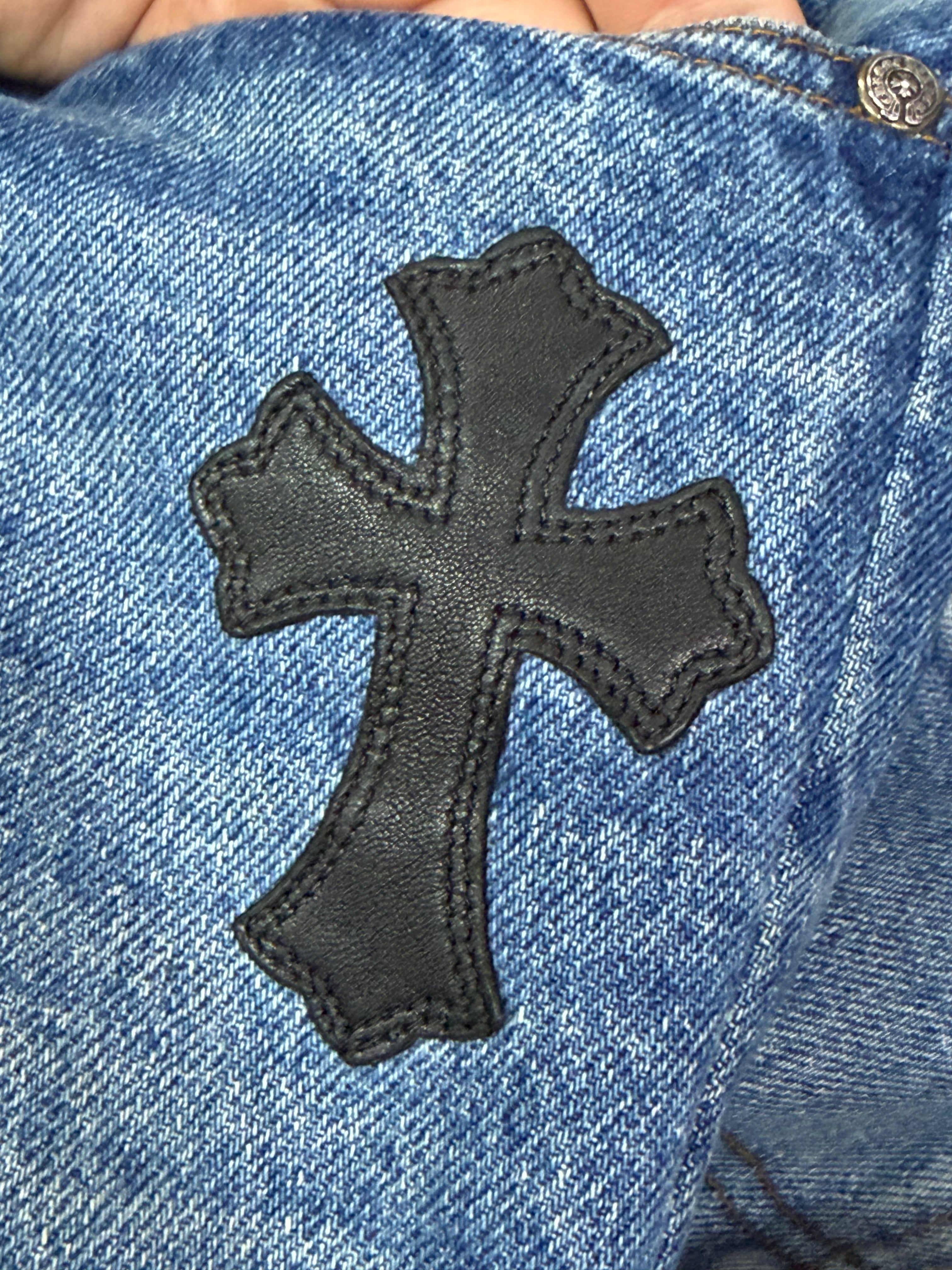 Chrome Hearts Light Wash 517 Black Patch Jeans