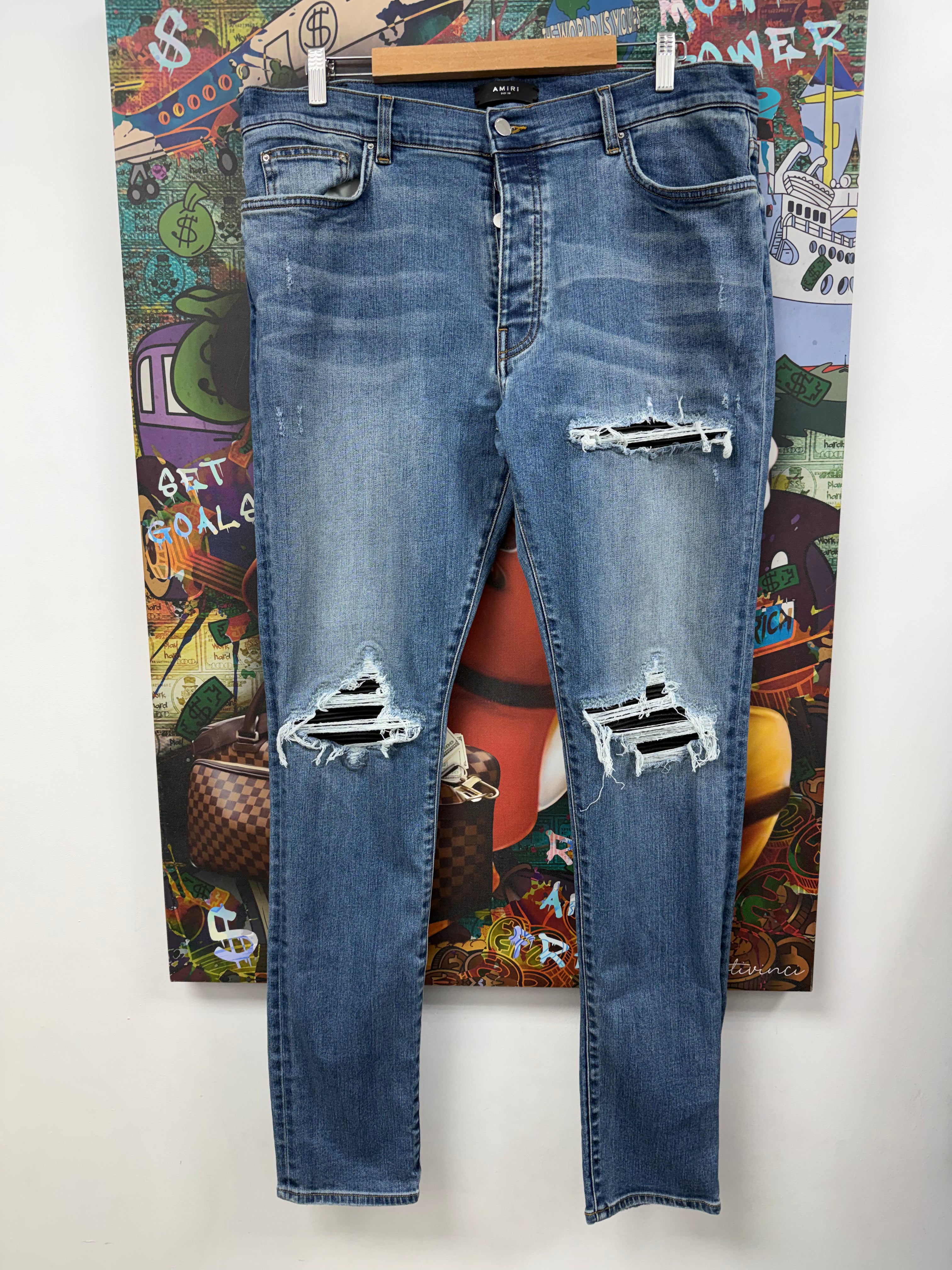 Amiri MX1 Navy Wash Black Leather Patch Jeans