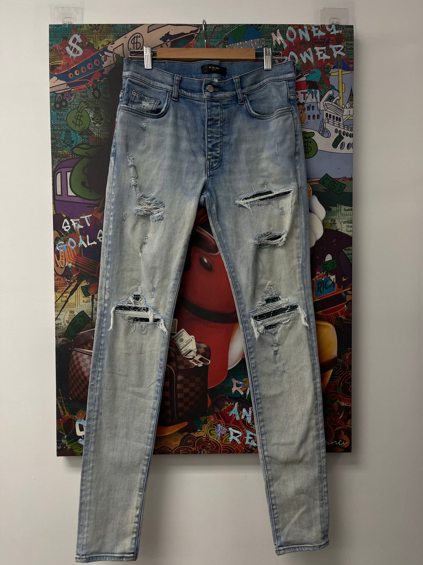 Amiri MX1 Light Wash Teal Paisley Patch Used 33