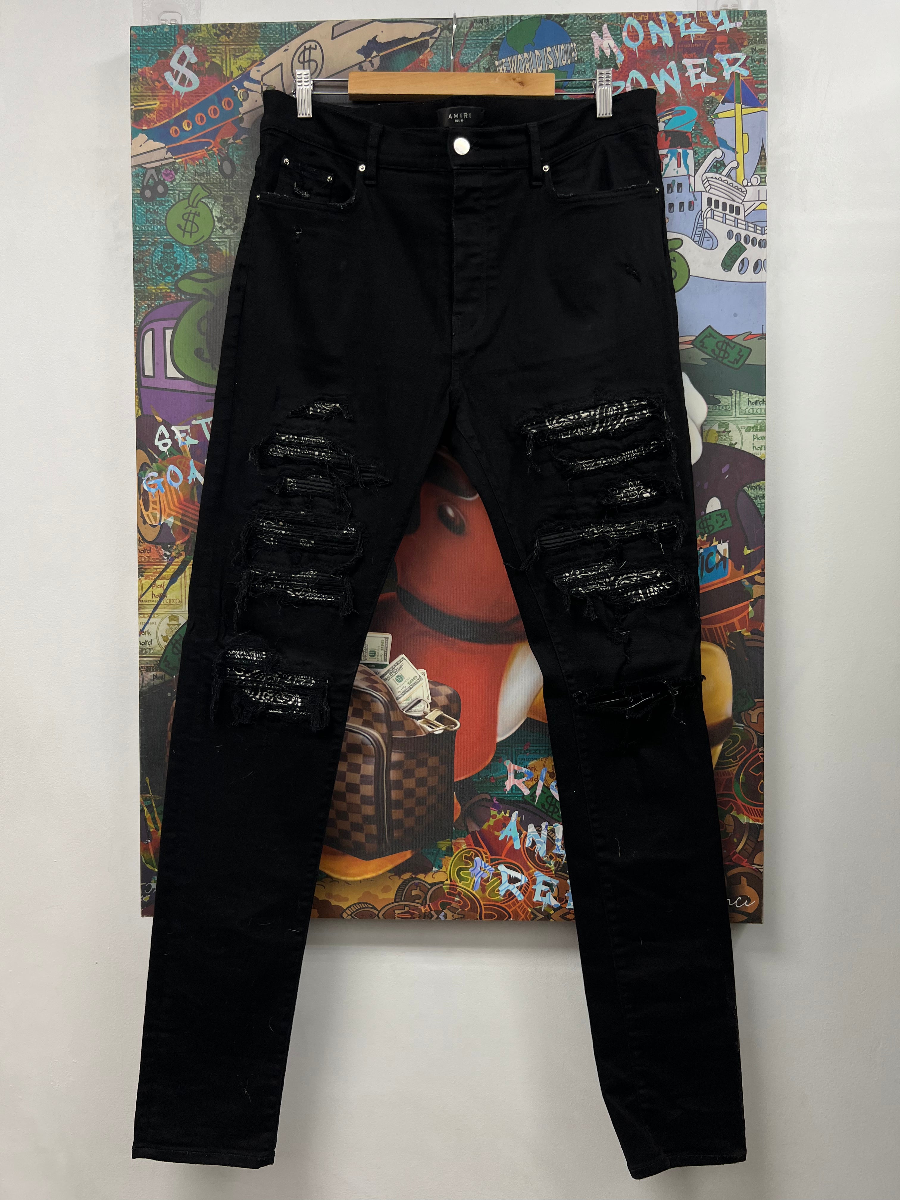 Amiri Black Wash Black Paisley Thrasher Patch Jeans