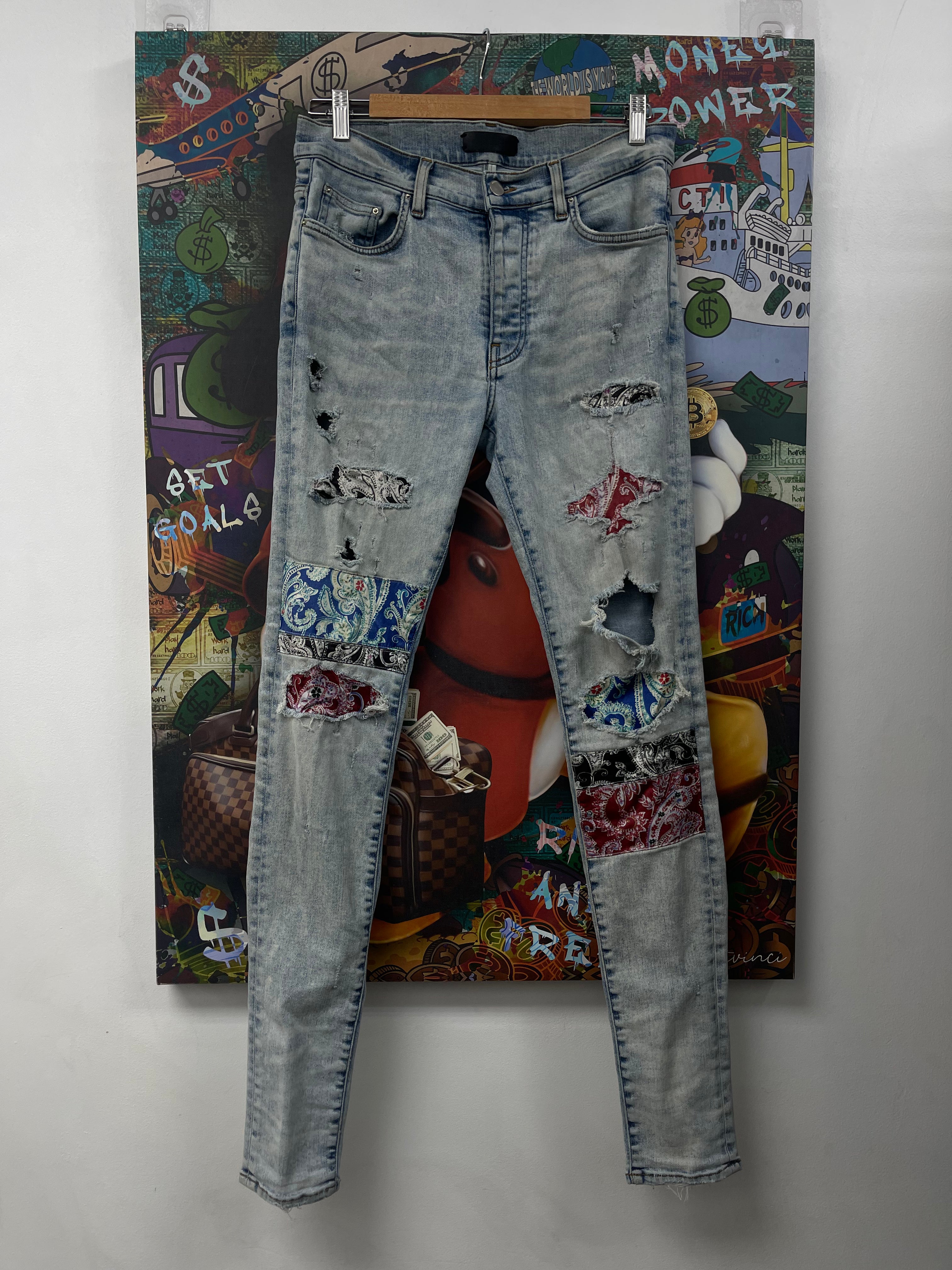 Amiri Light Wash Pajama Paisley Patchwork Jeans