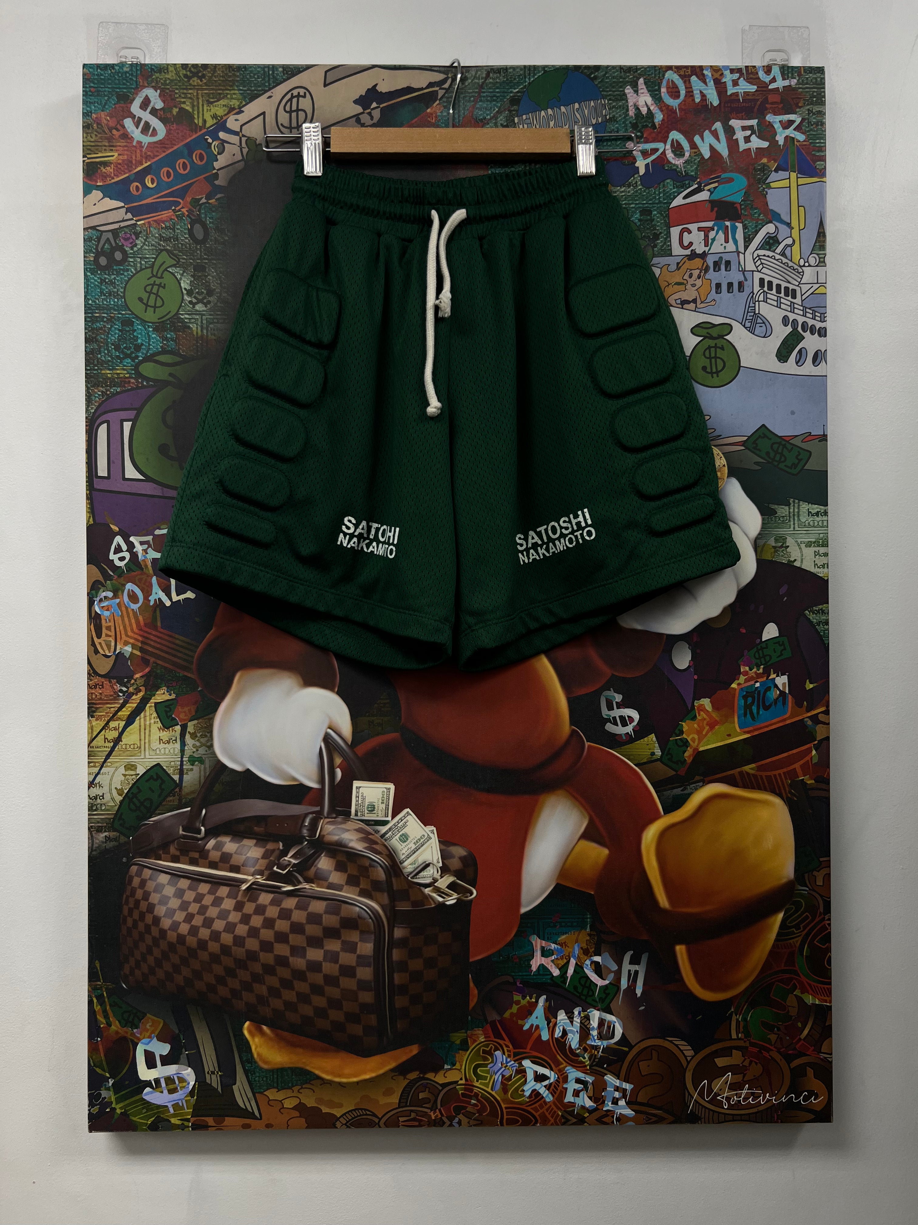 Satoshi Nakamoto Green White Padded Moto Shorts