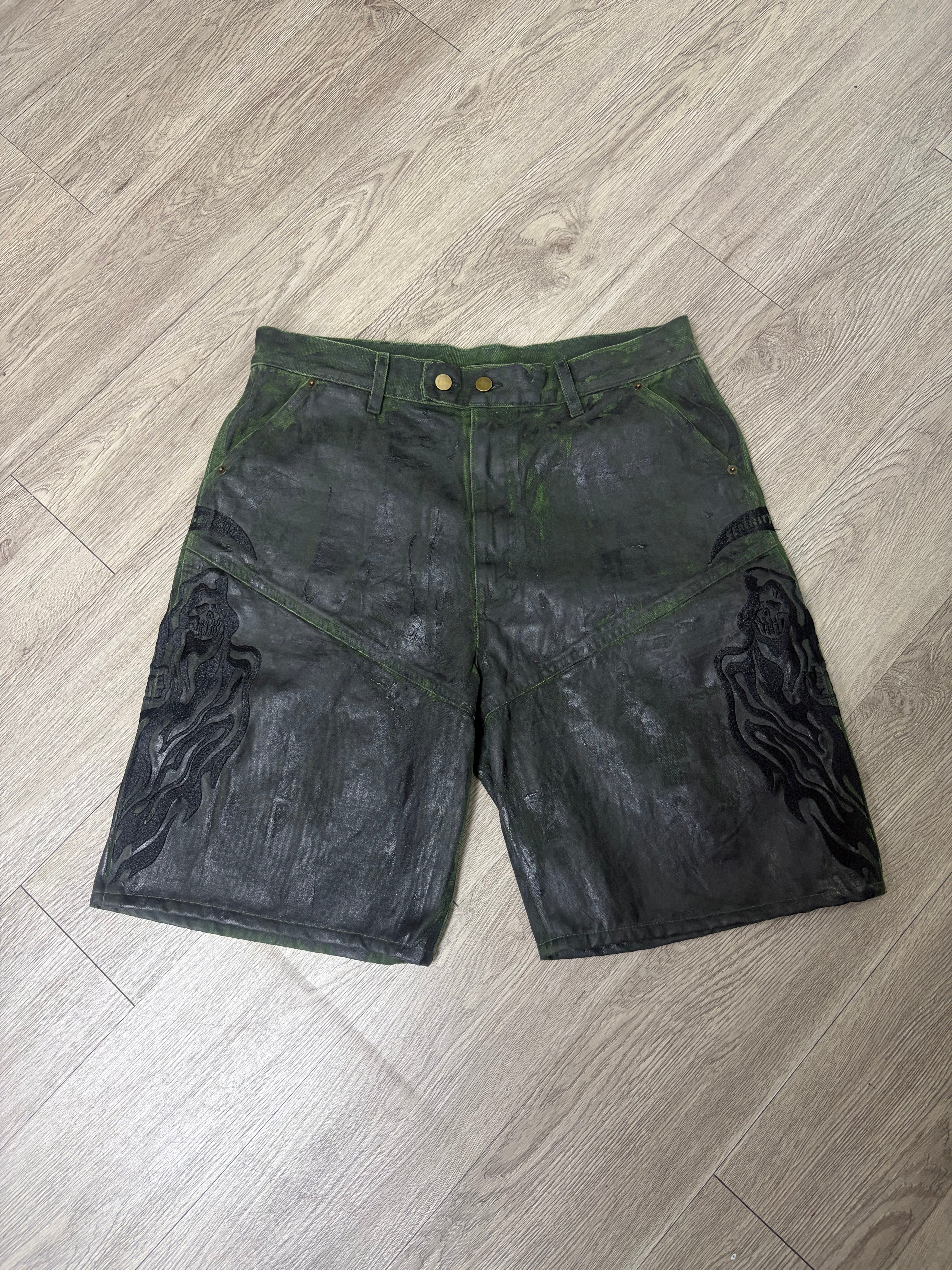 Warren Lotas Green Wax Embroidered Jean Shorts