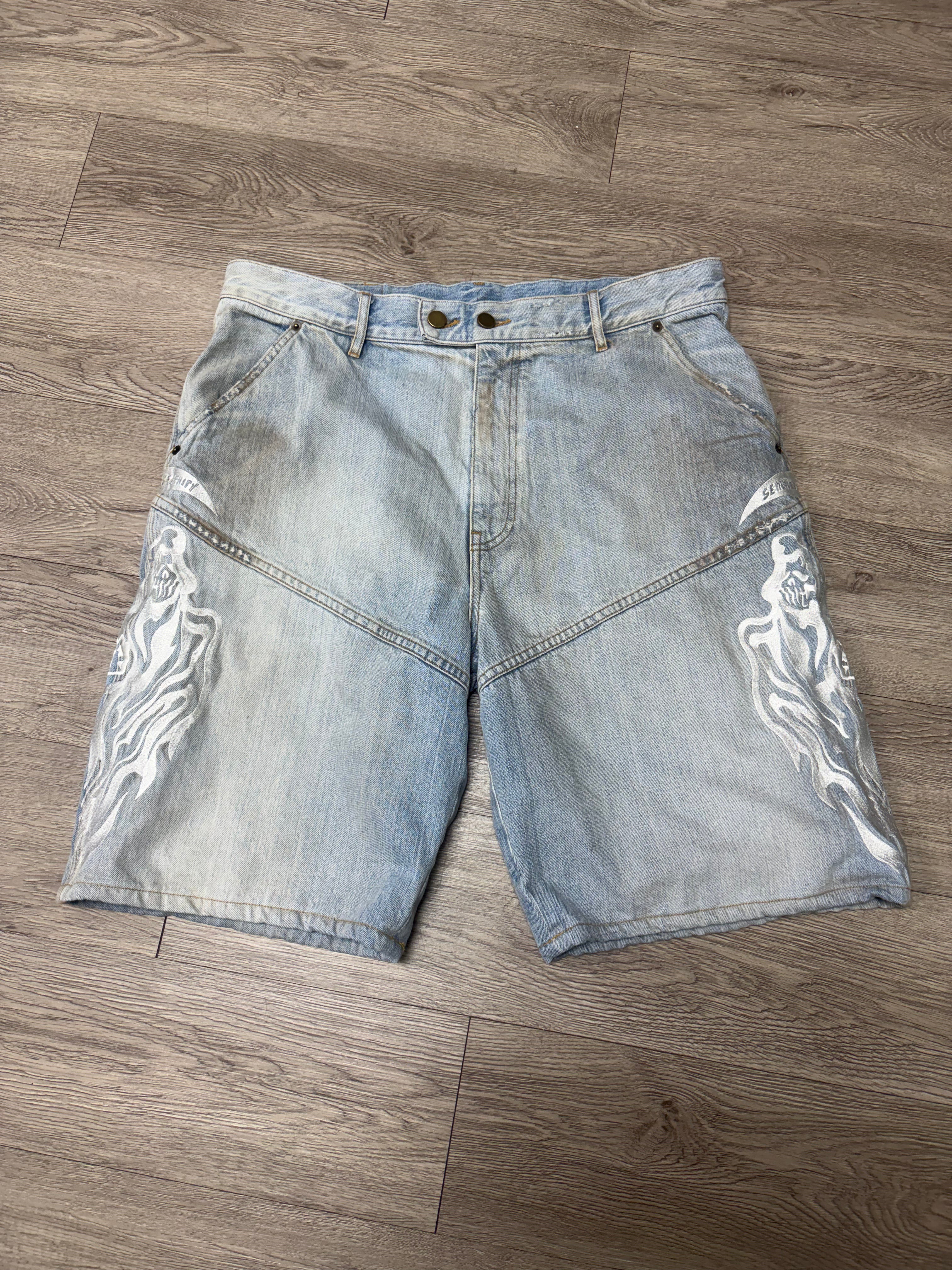 Warren Lotas Light Wash Embroidered Jean Shorts