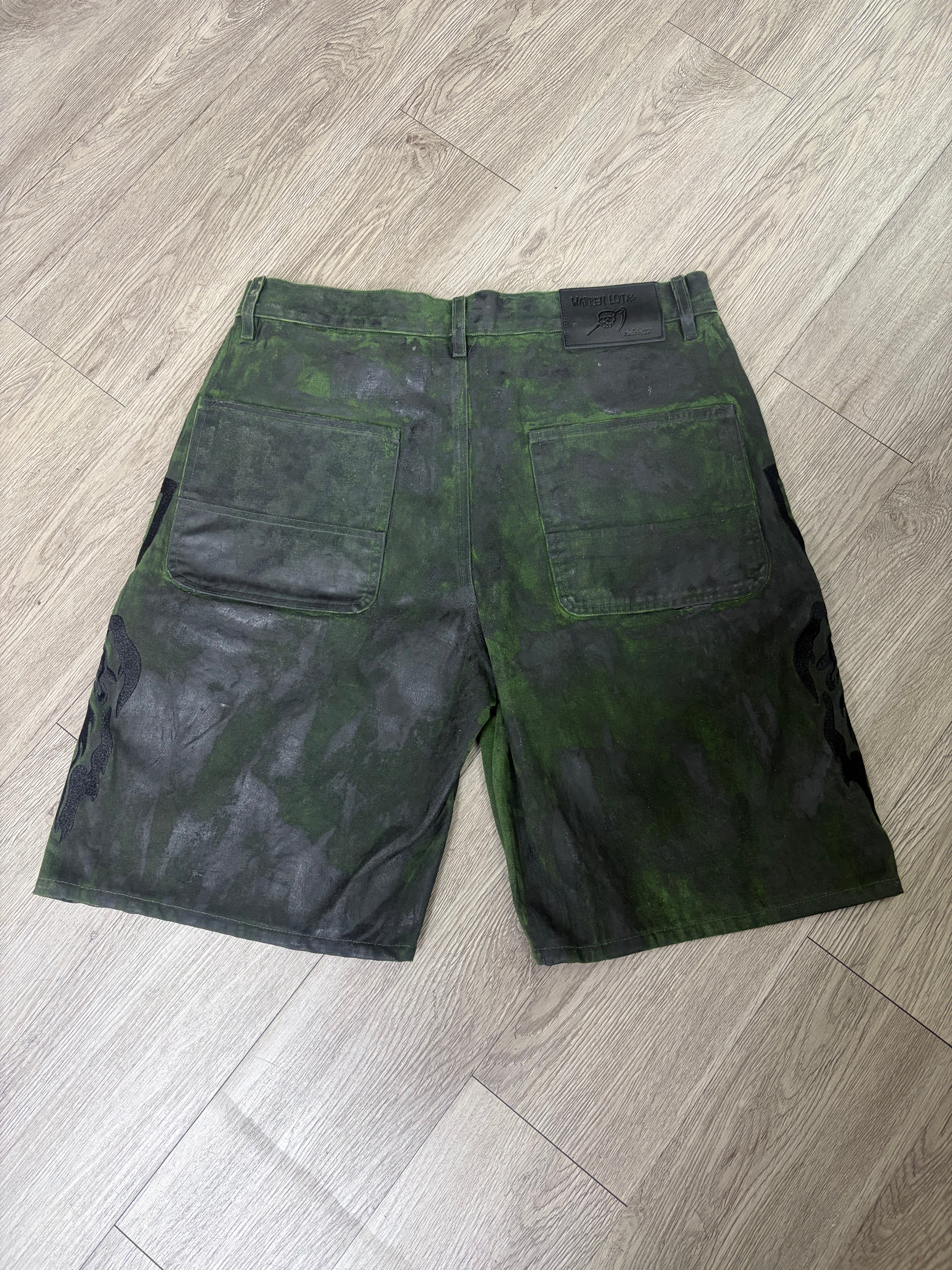 Warren Lotas Green Wax Embroidered Jean Shorts