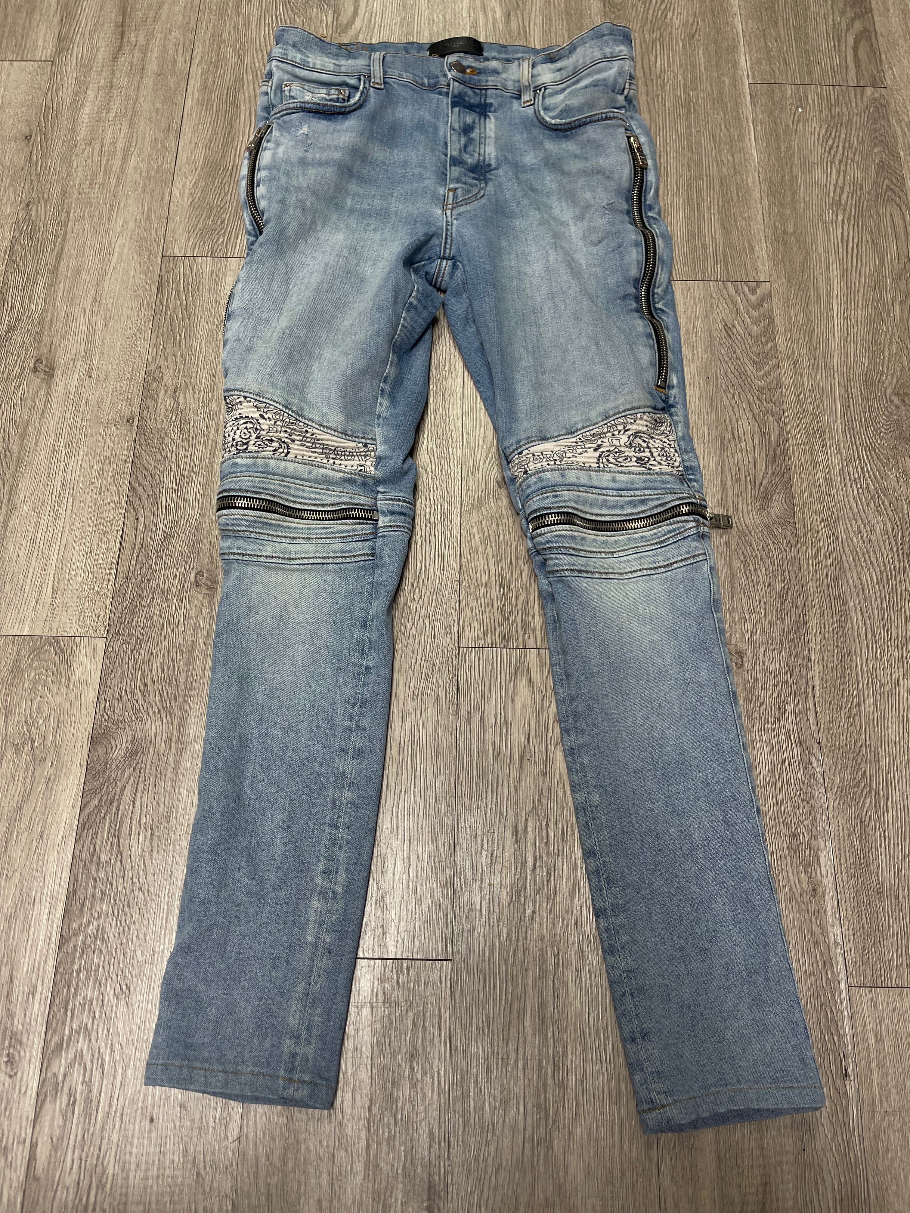 Amiri MX2 Light Wash White Paisley Patch Jeans