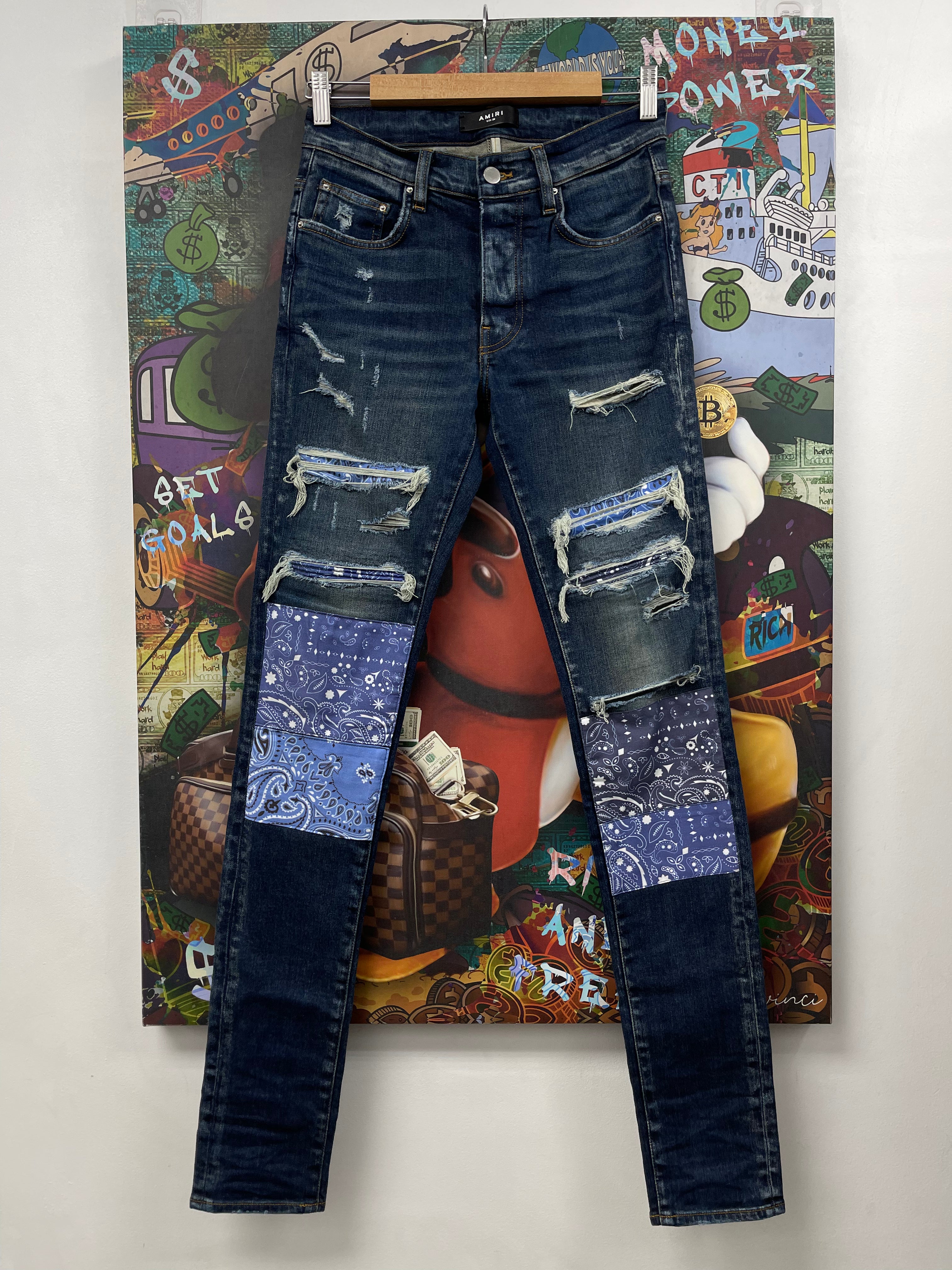 Amiri Deep Classic Blue Paisley Patchwork Jeans