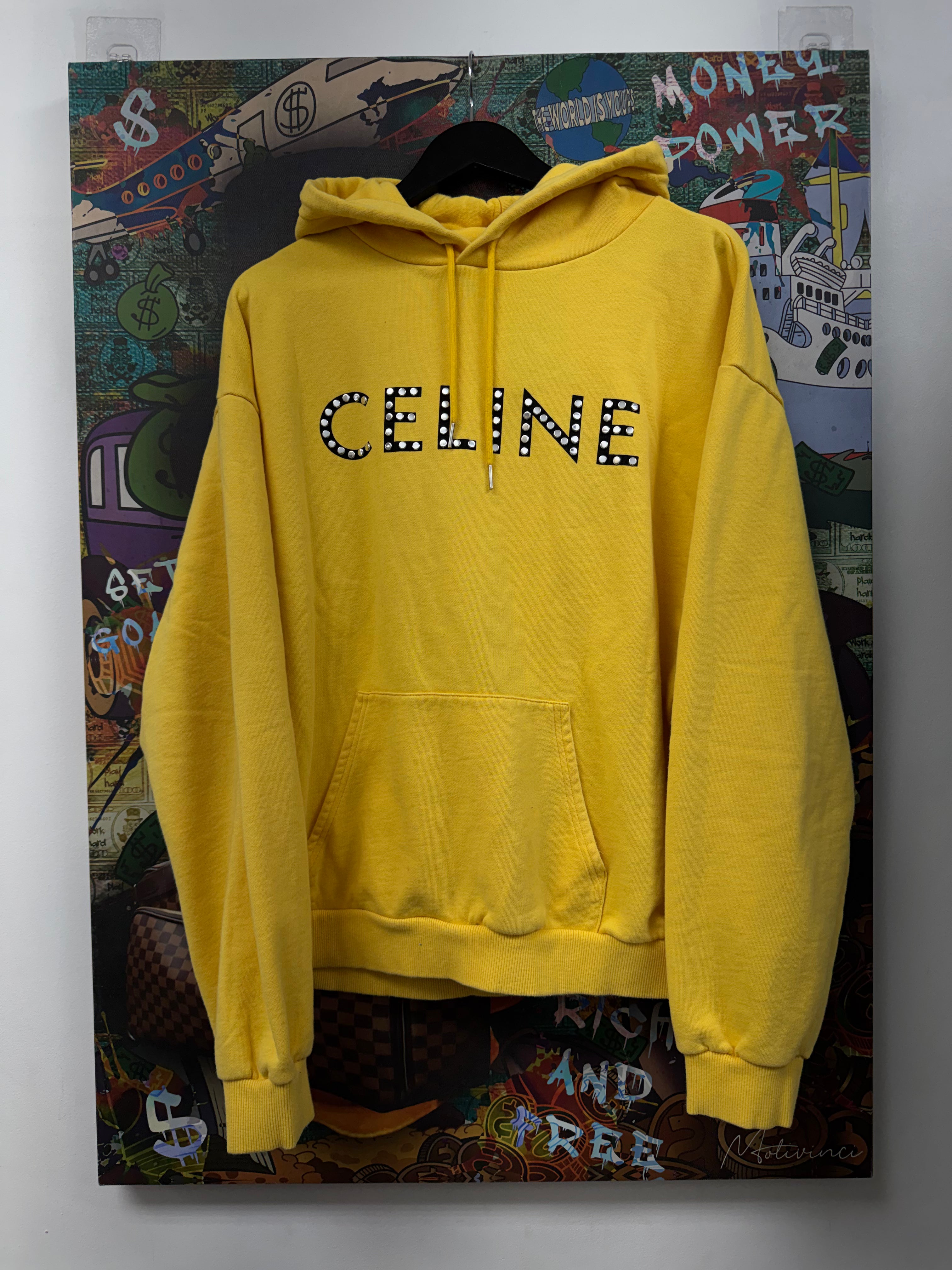 Celine Yellow Black Studded Logo Hoodie
