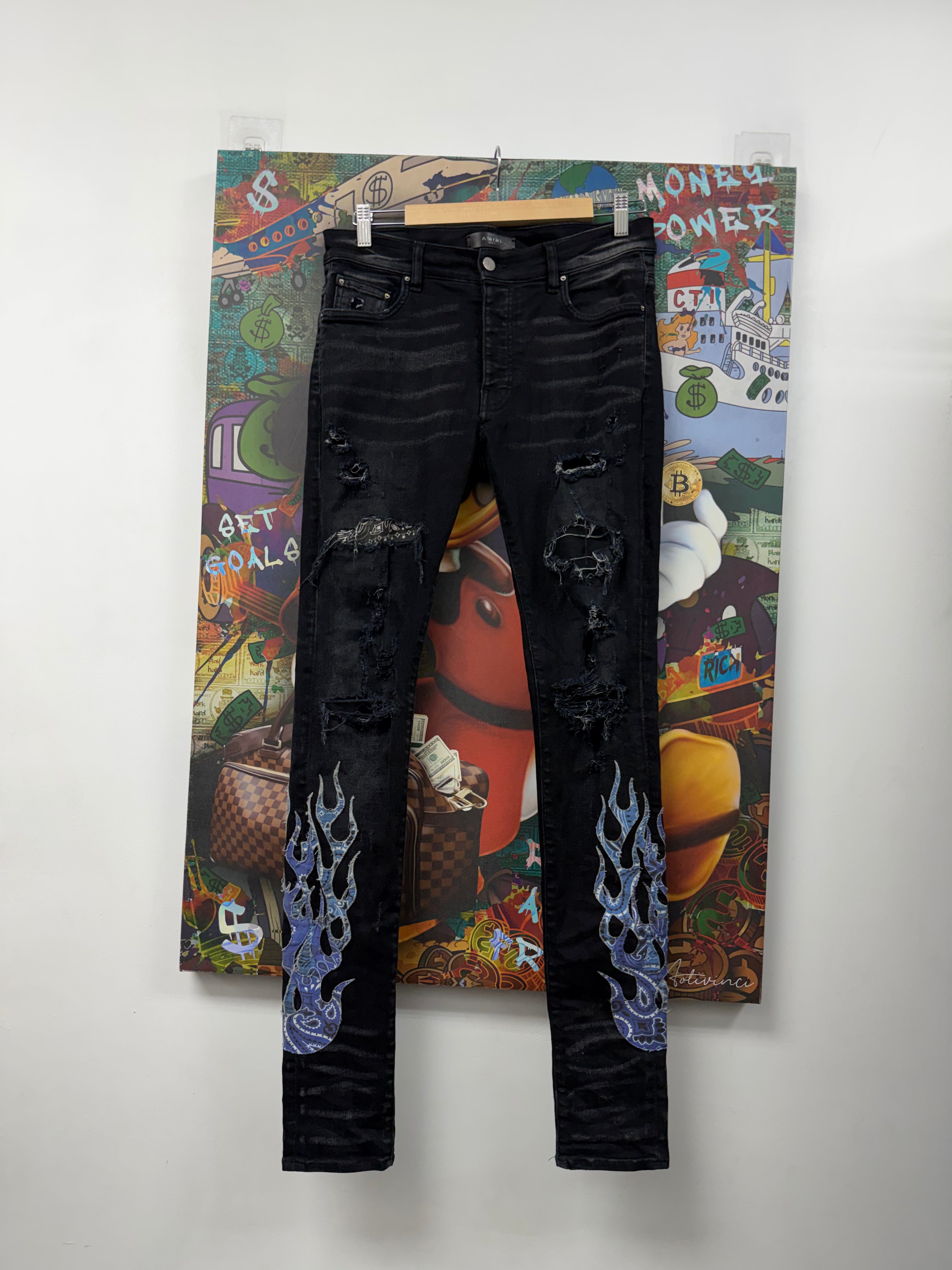 Amiri Black Wash Blue Flames Jeans
