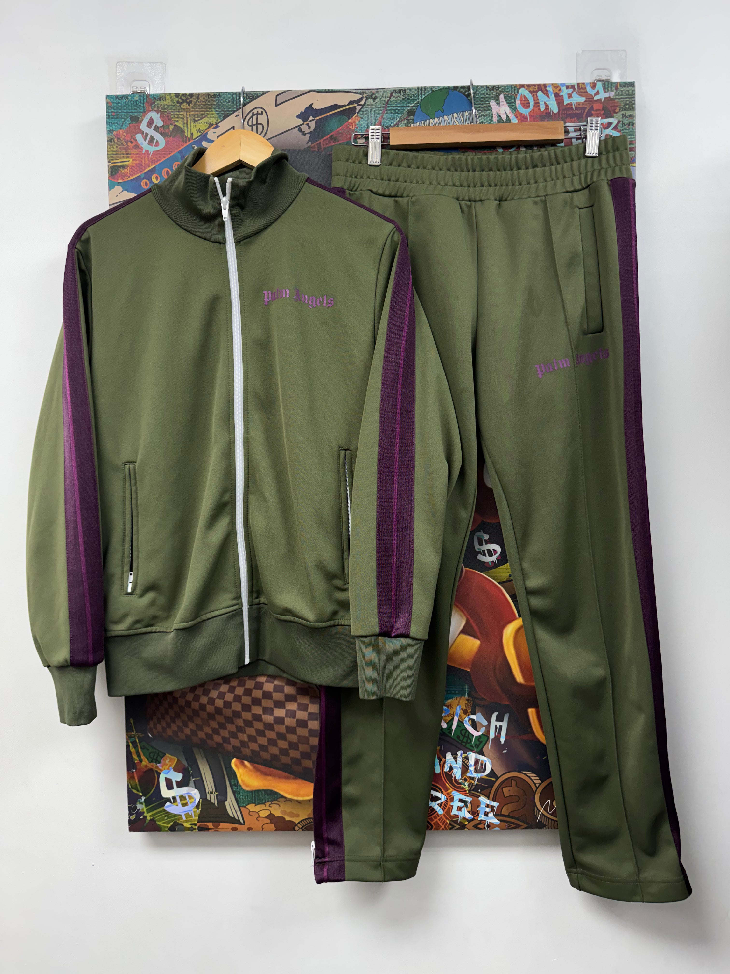 Palm Angels Olive Purple Stripe Sweatsuit