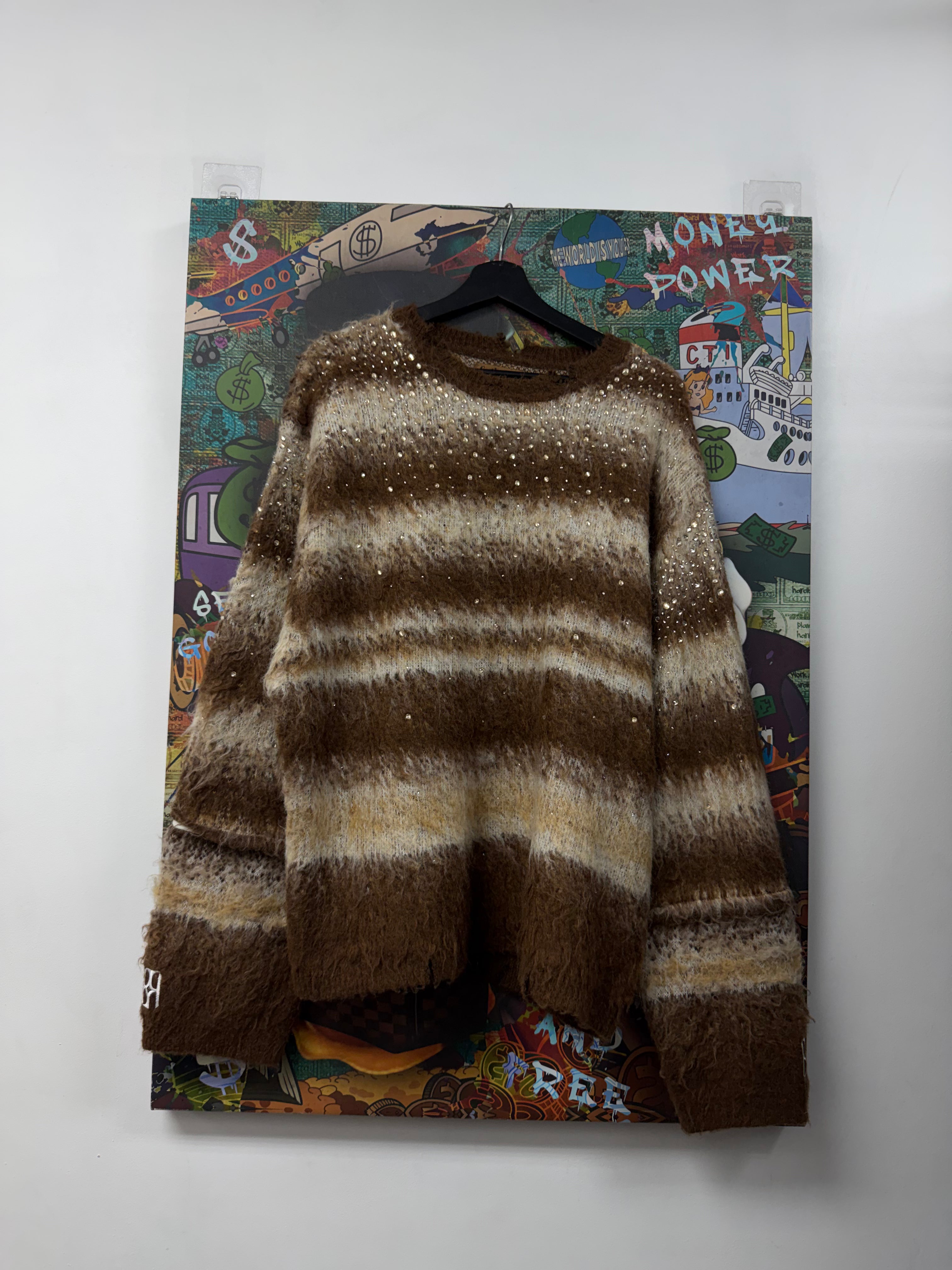 Birth Of A Royal Child Brown Striped Mohair Rhinestone Sweater