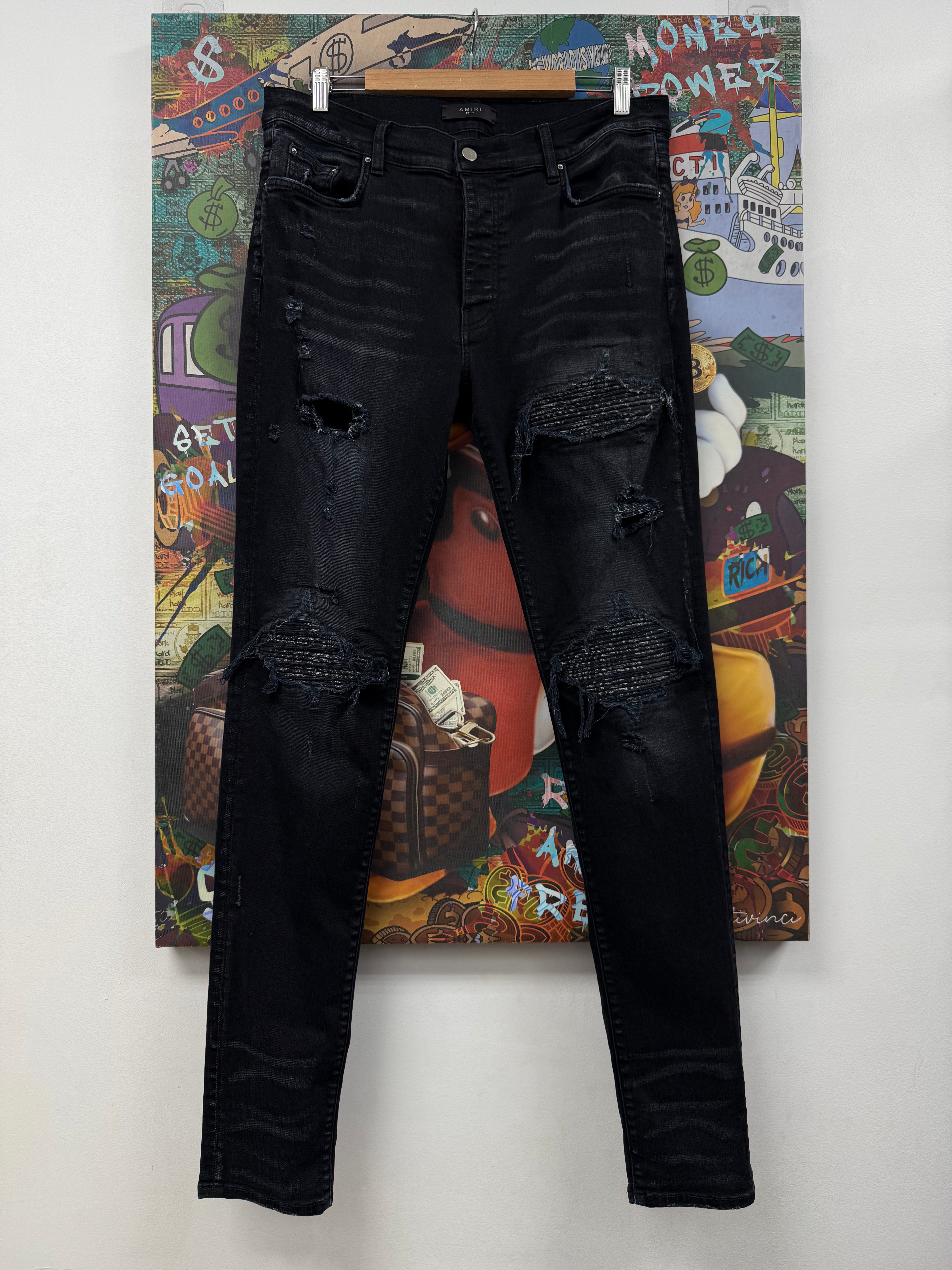 Amiri MX1 Black Wash Black Denim Paisley Patch Jeans