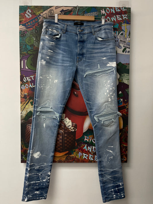 Amiri MX1 Light Wash Denim Paint Splatter Jeans New 36 With Tags