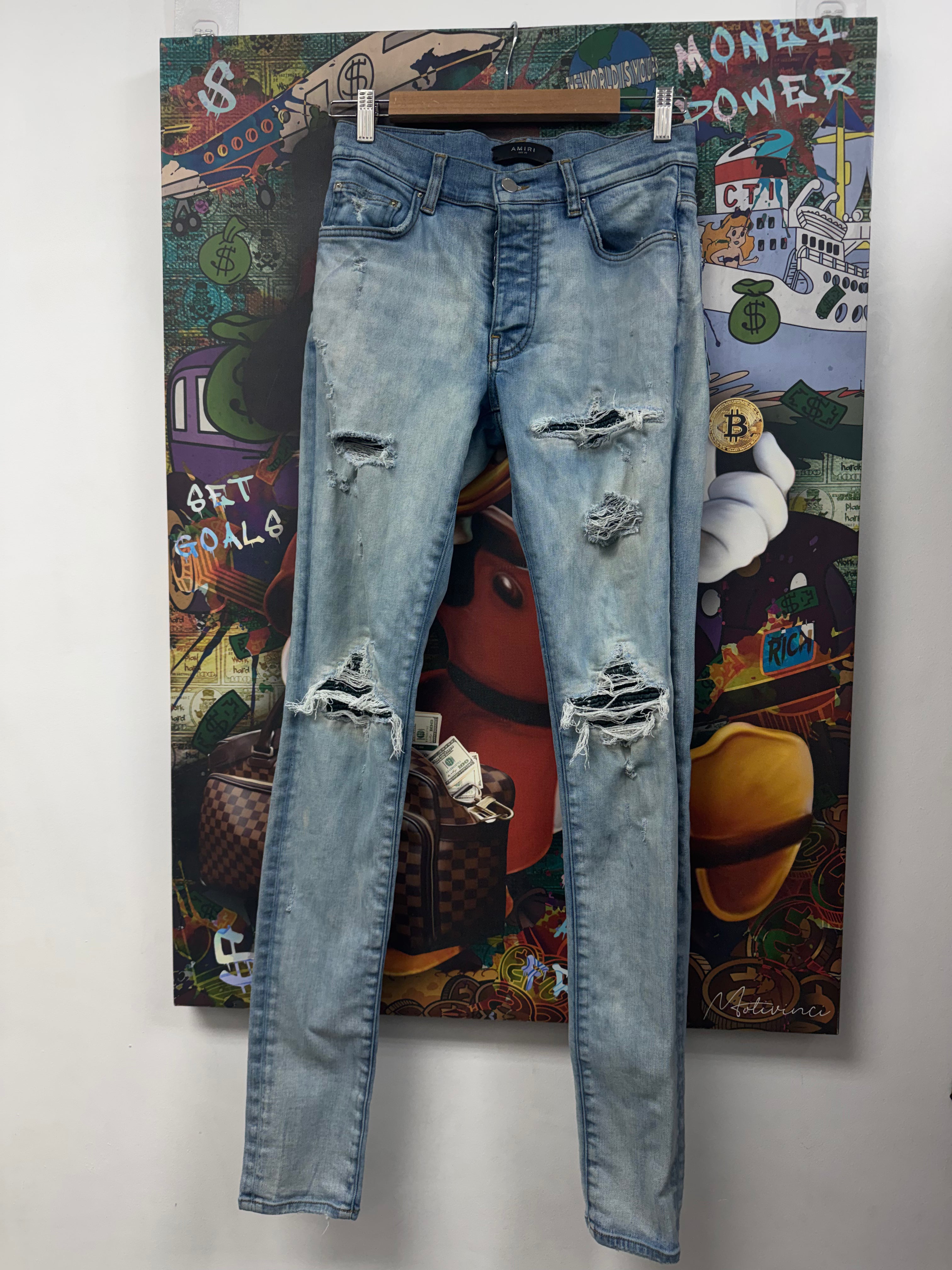 Amiri MX1 Light Wash Teal Paisley Patch Jeans