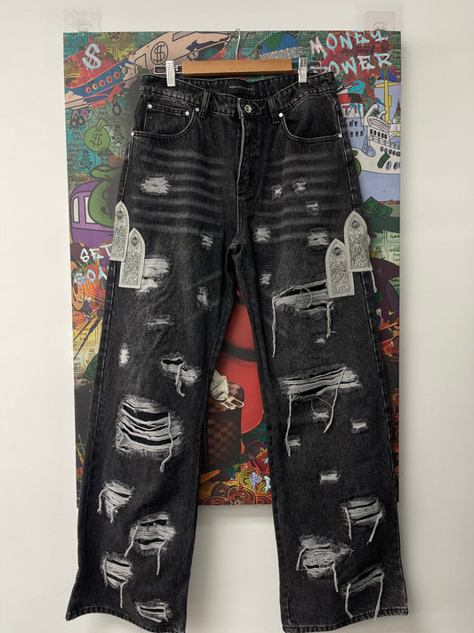 WDW Black Denim Side Patch Jeans  New 32 With Tags
