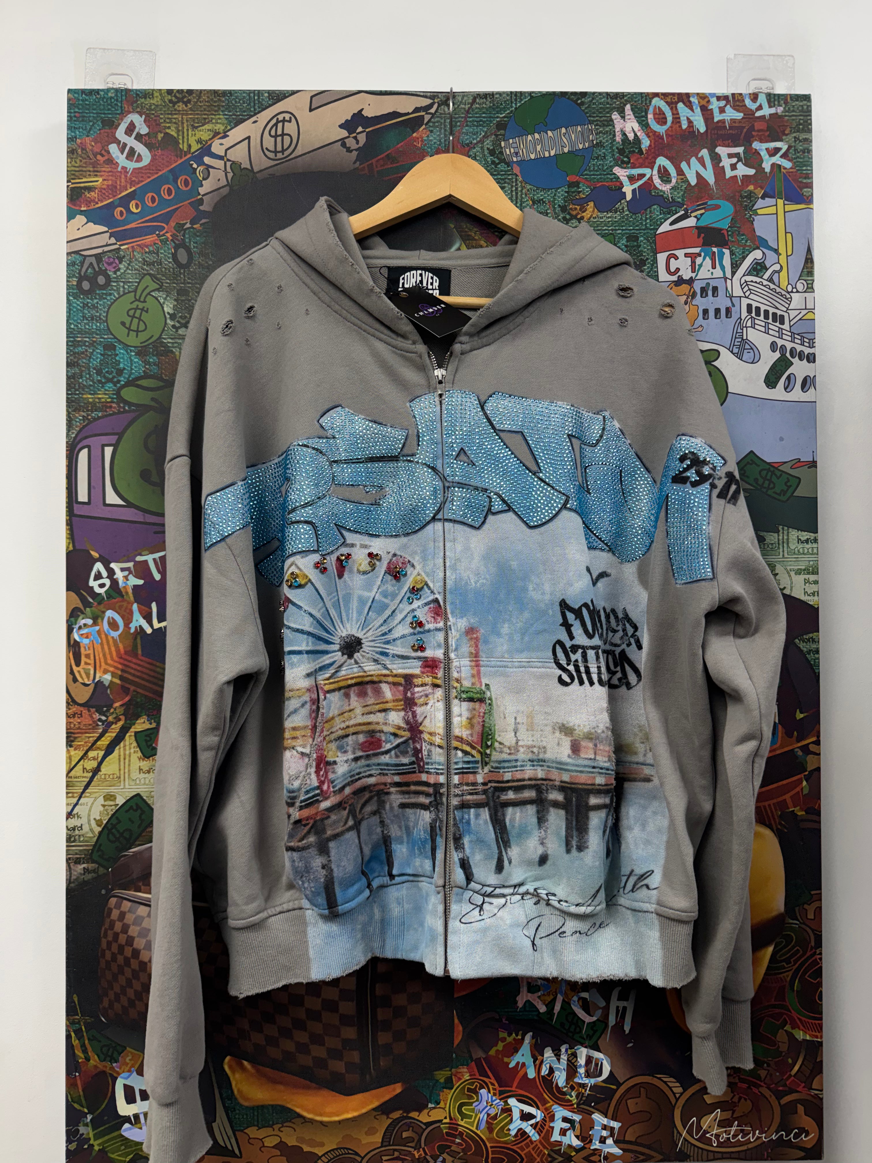 Forever Situated Grey Baby Blue Rhinestone Hoodie
