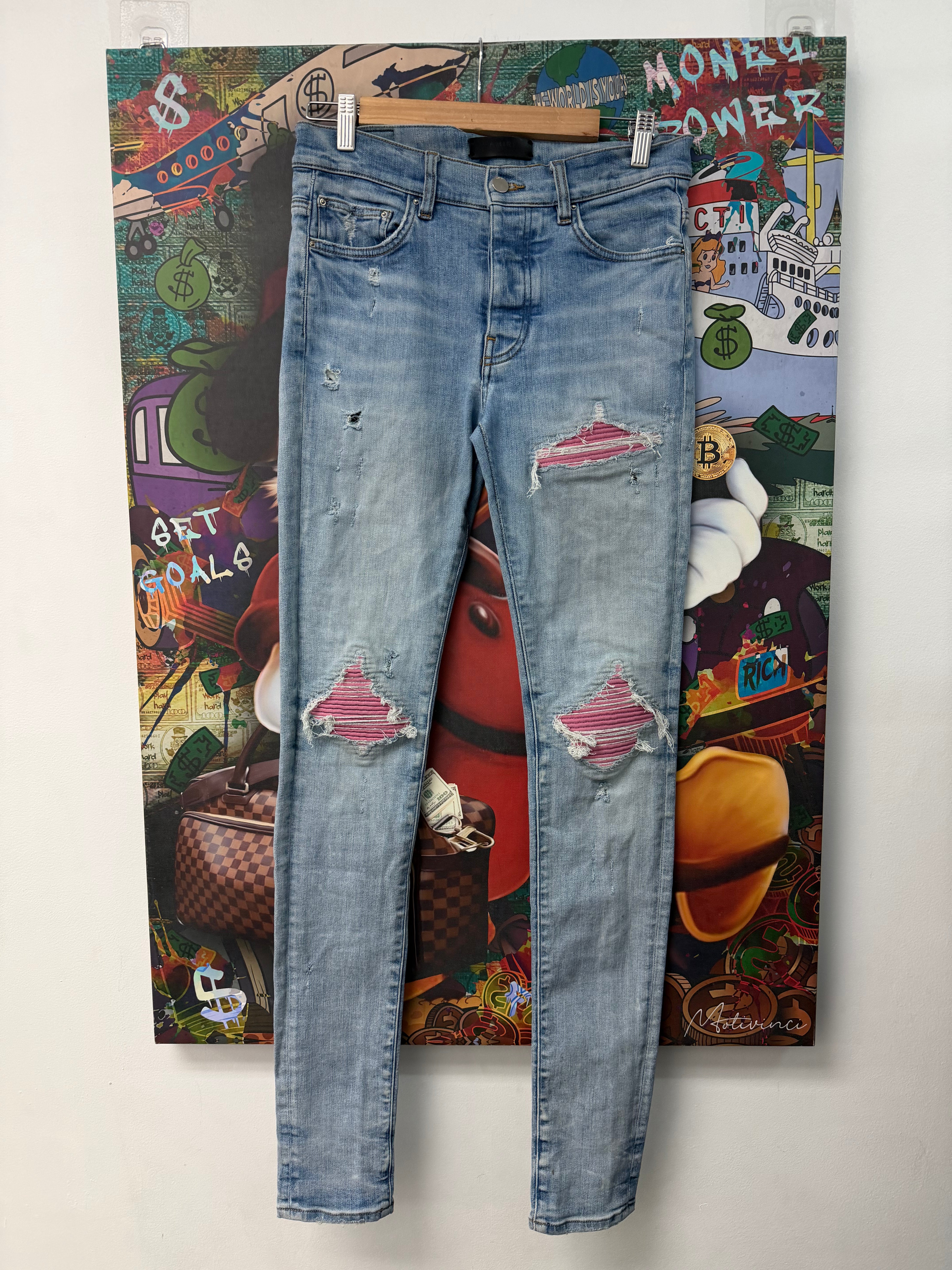 Amiri MX1 Light Wash Pink Patch Jeans