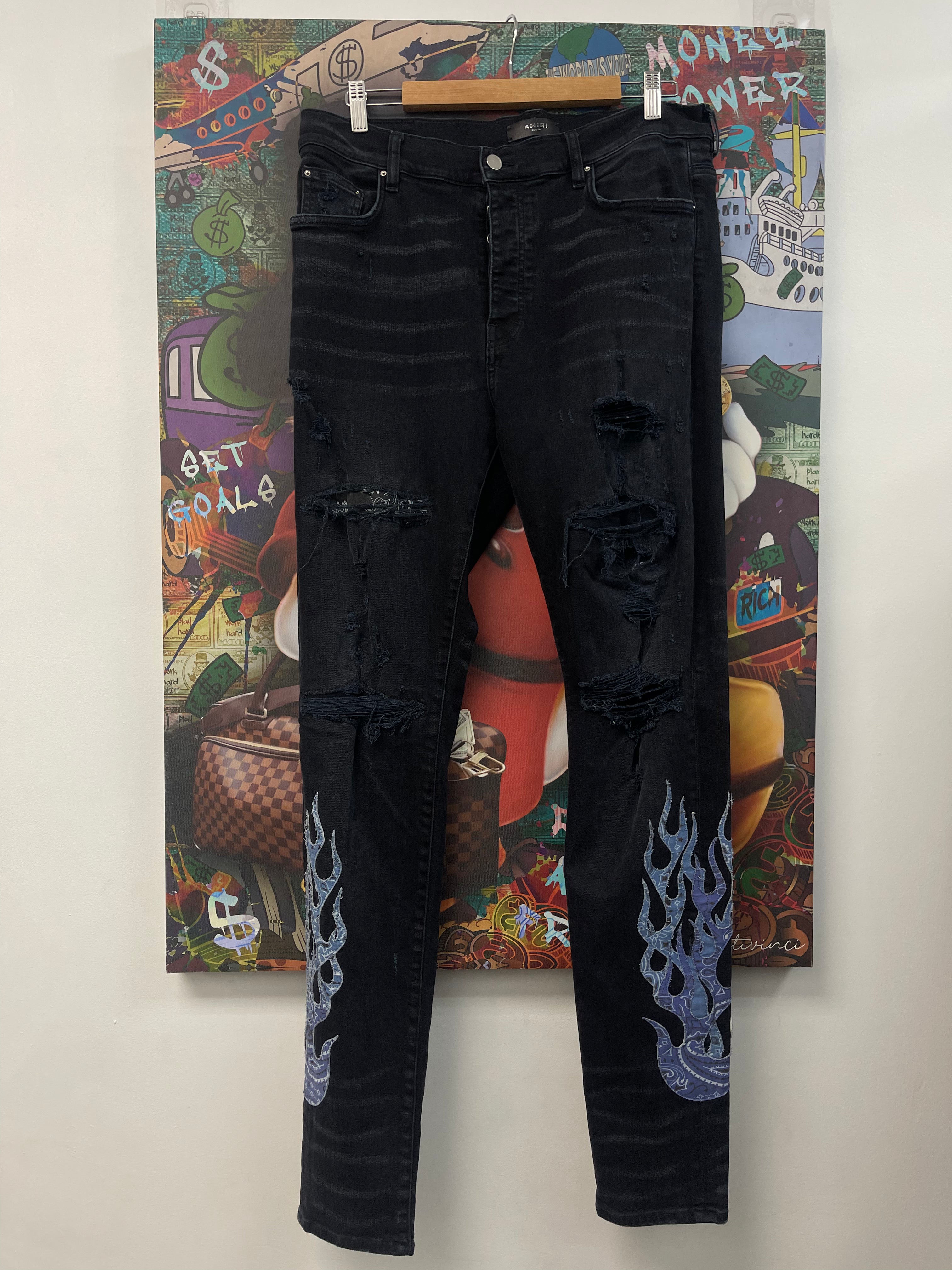 Amiri Black Wash Blue Flames Jeans