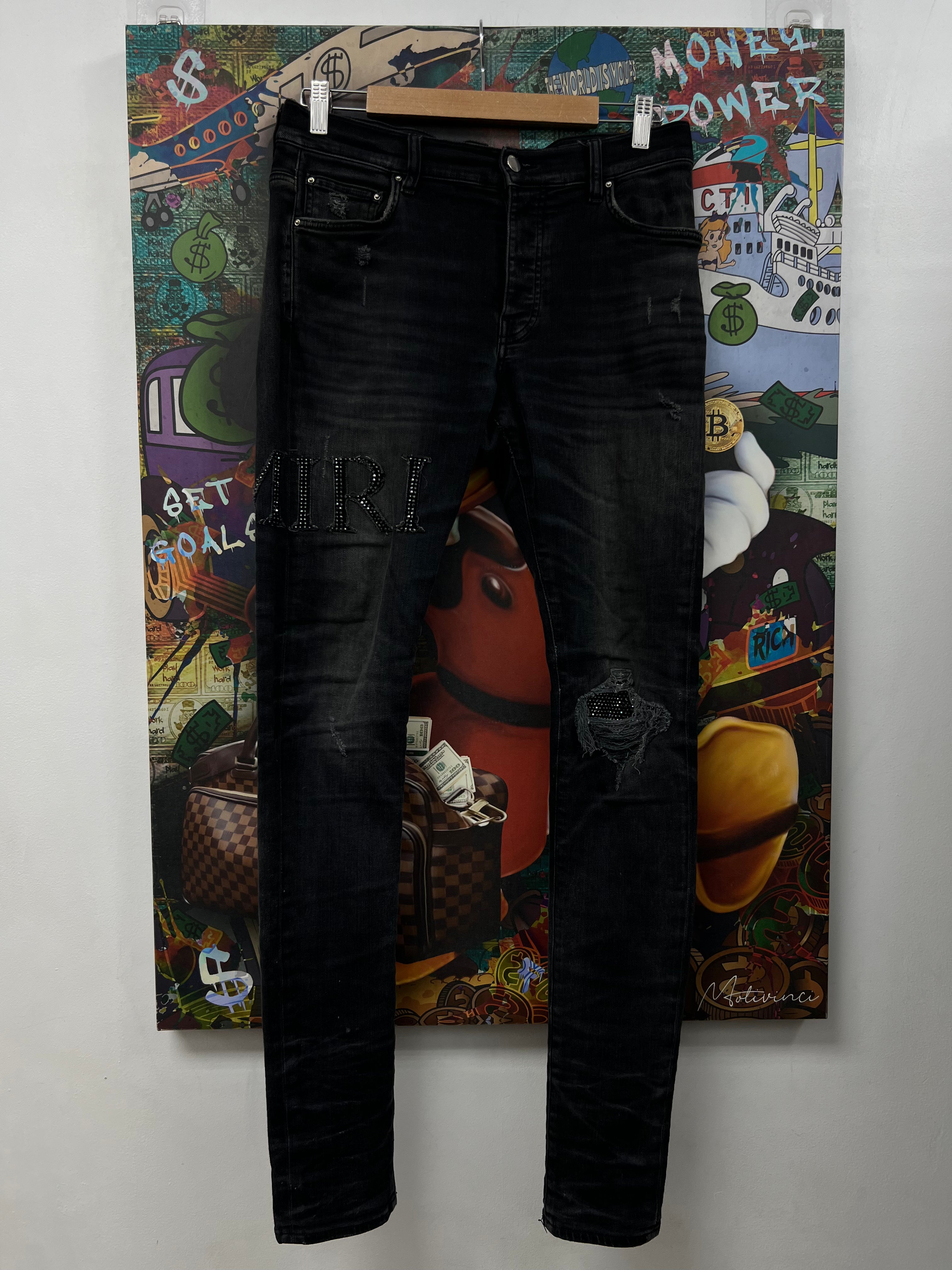 Amiri Black Wash Crystal Side Logo Jeans
