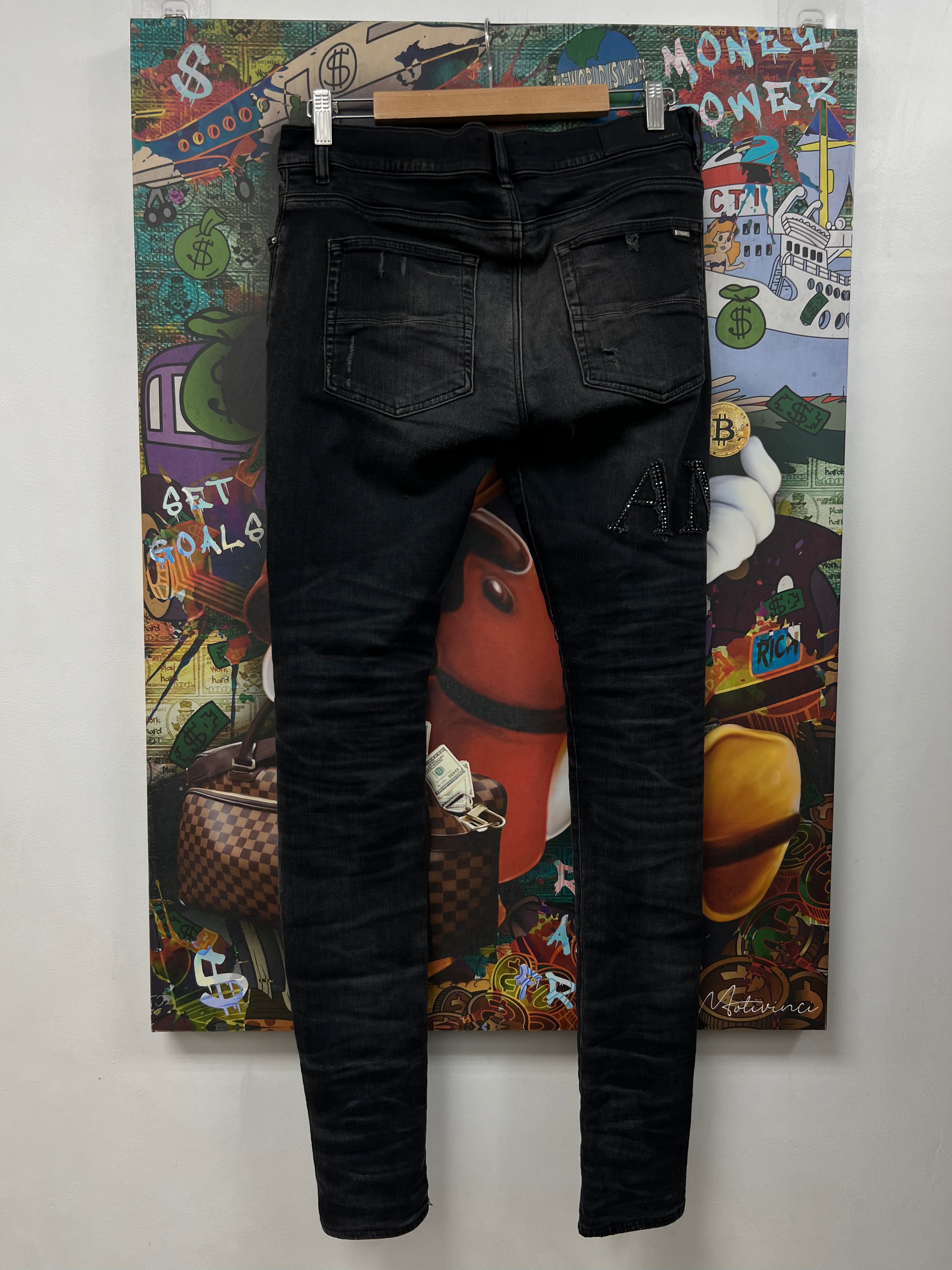 Amiri Black Wash Crystal Side Logo Jeans