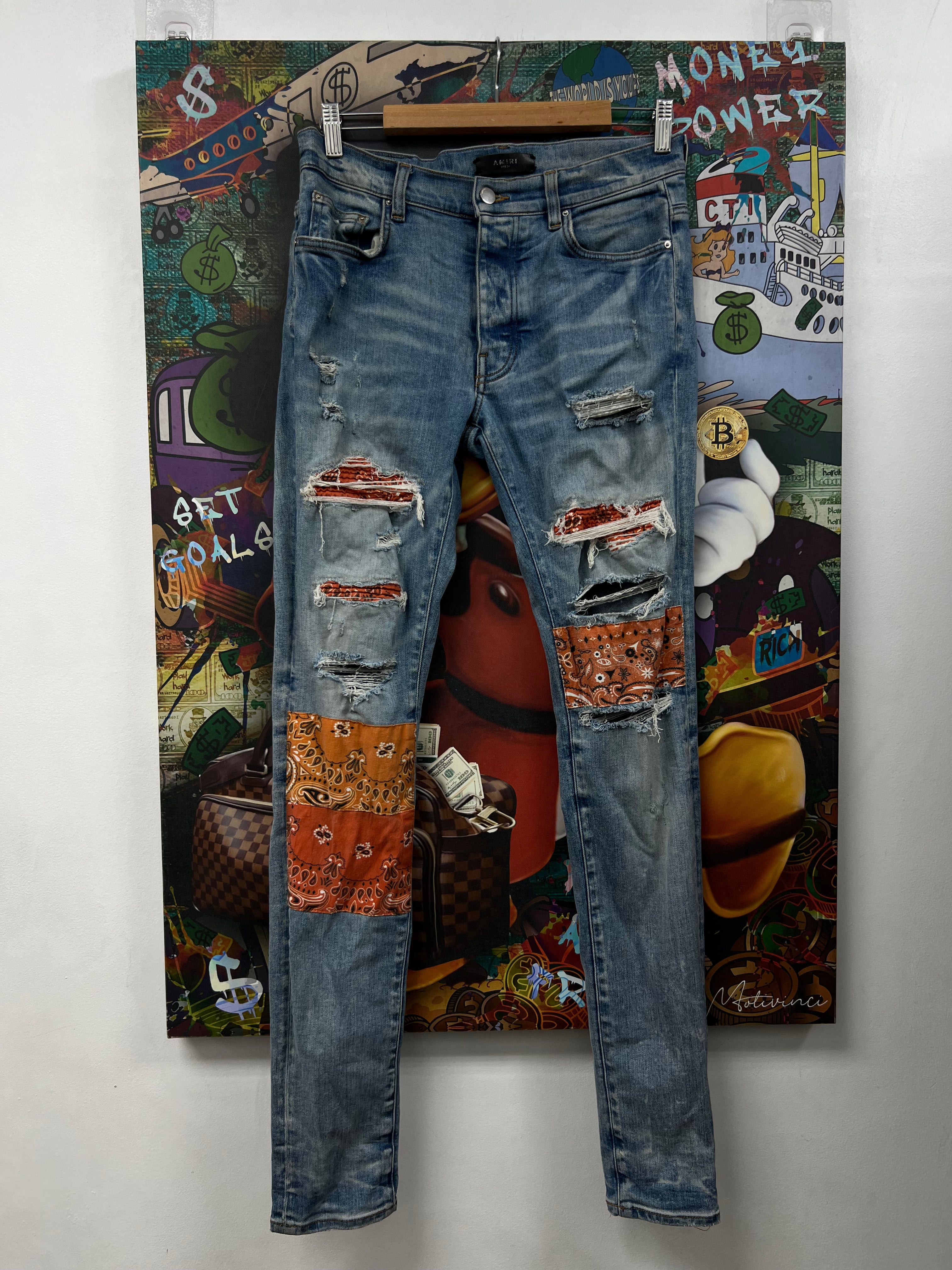Amiri Light Wash Orange Paisley Patchwork Jeans