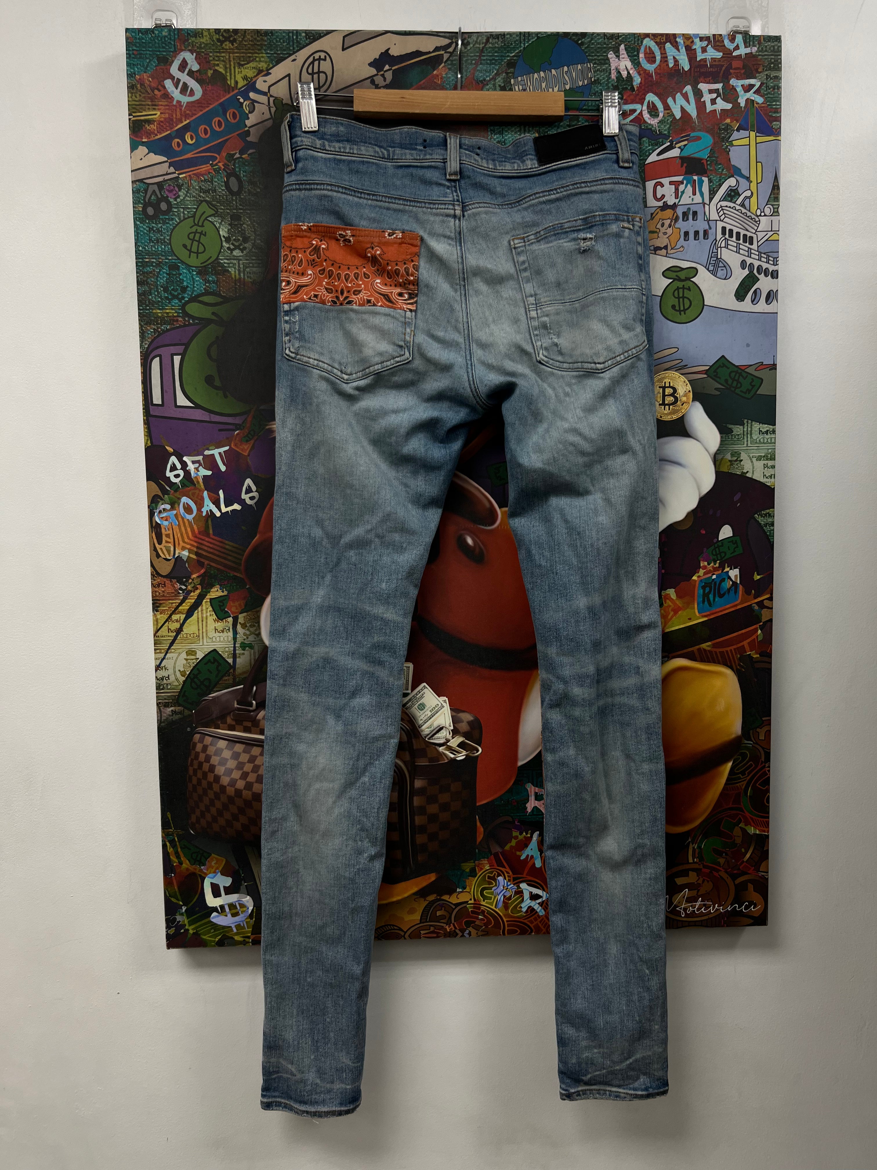 Amiri Light Wash Orange Paisley Patchwork Jeans