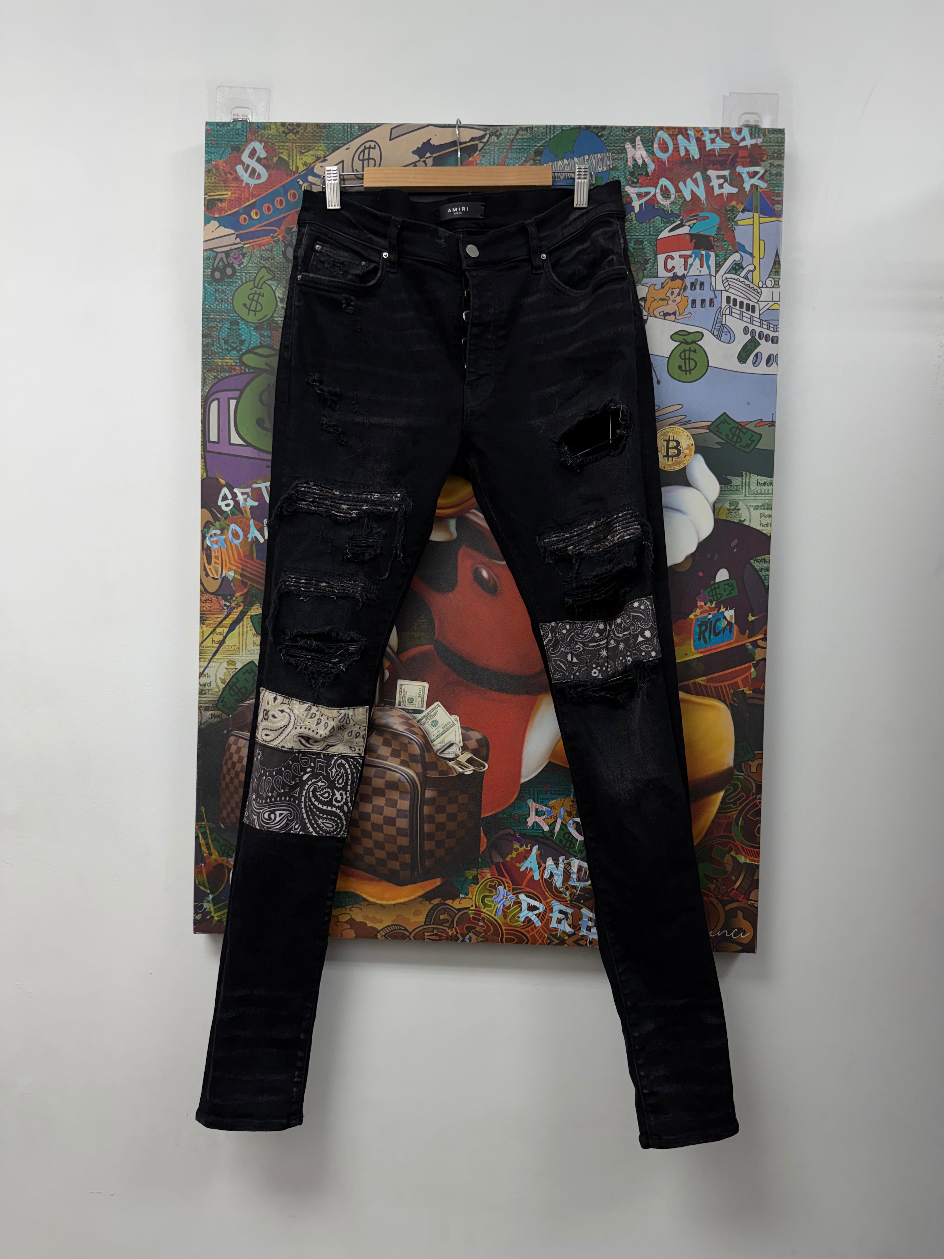 Amiri Black Wash Vintage Paisley Patchwork Jeans