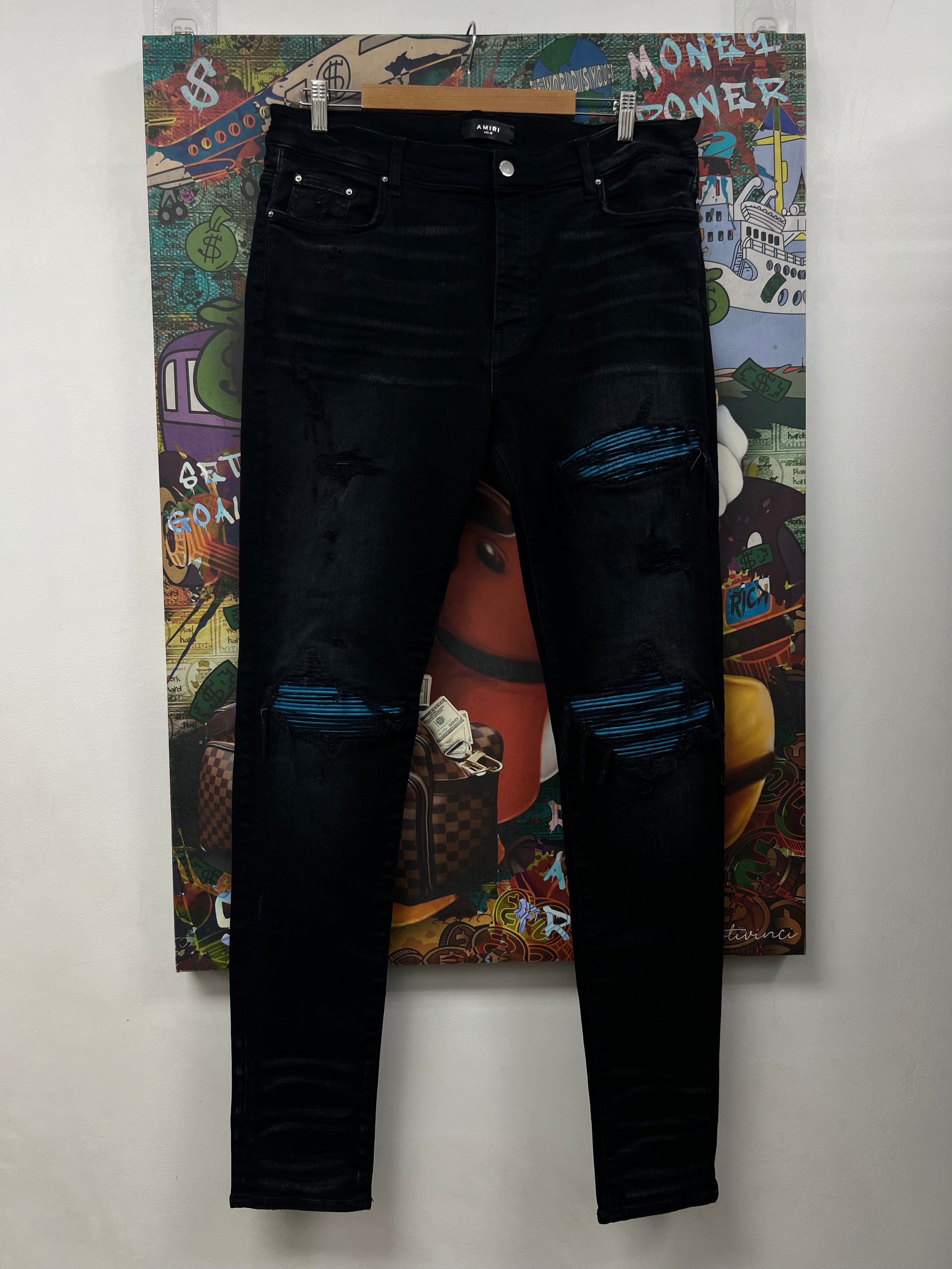 Amiri MX1 Black Wash Blue Crackle Patch Jeans