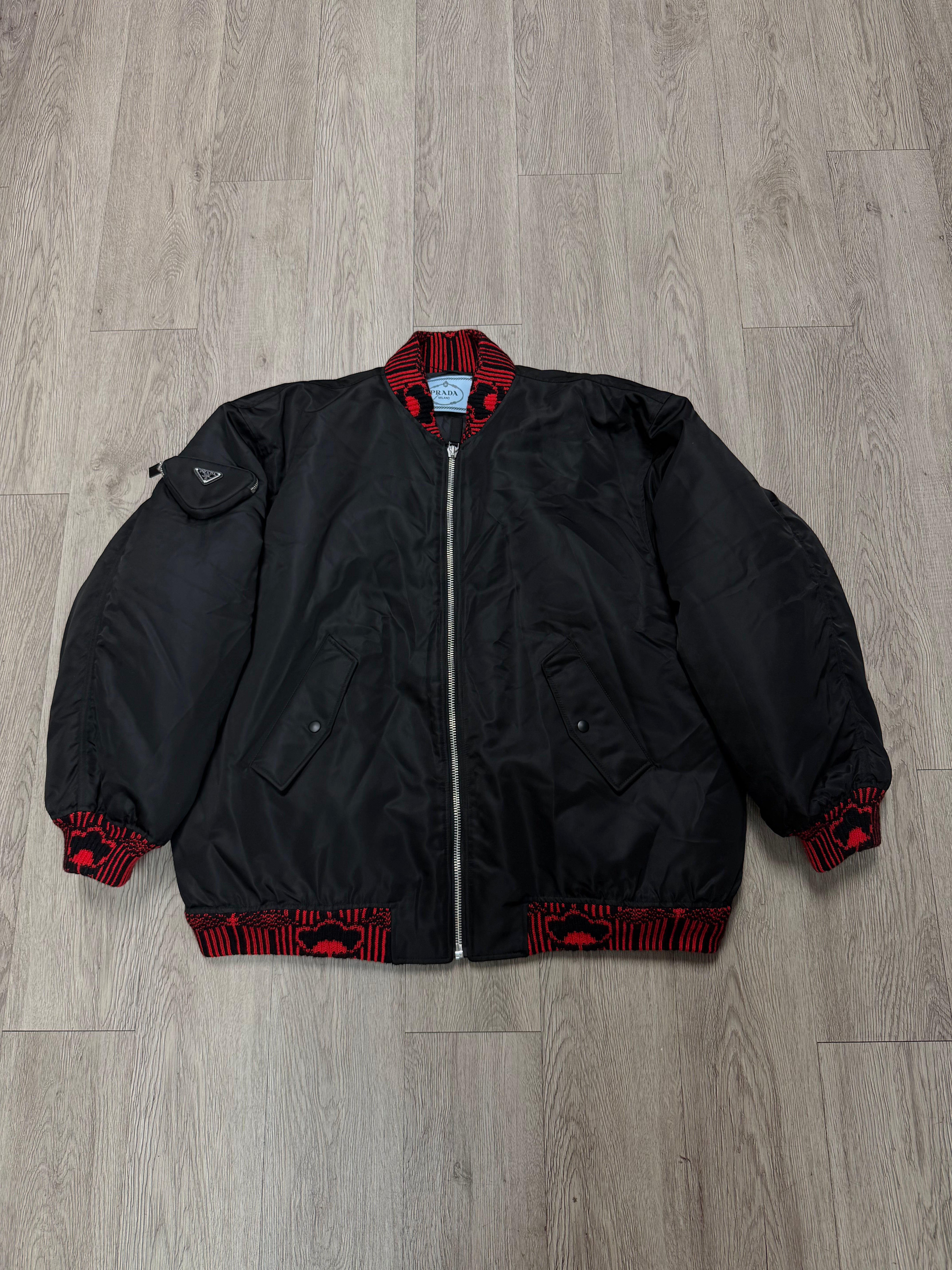 Prada Raf Simmons Black Red Nylon Bomber Jacket